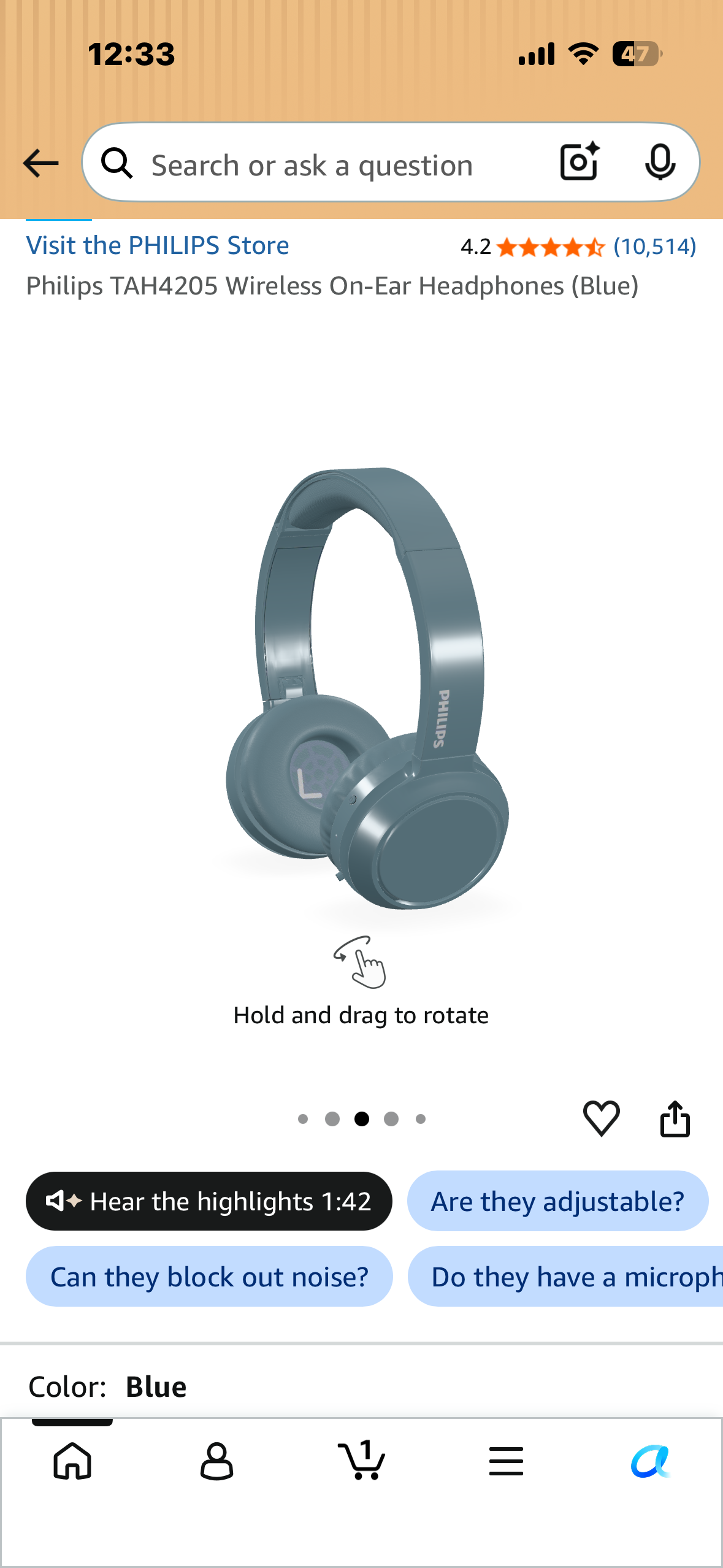 Philips TAH4205 Wireless On-Ear Headphones (Blue)