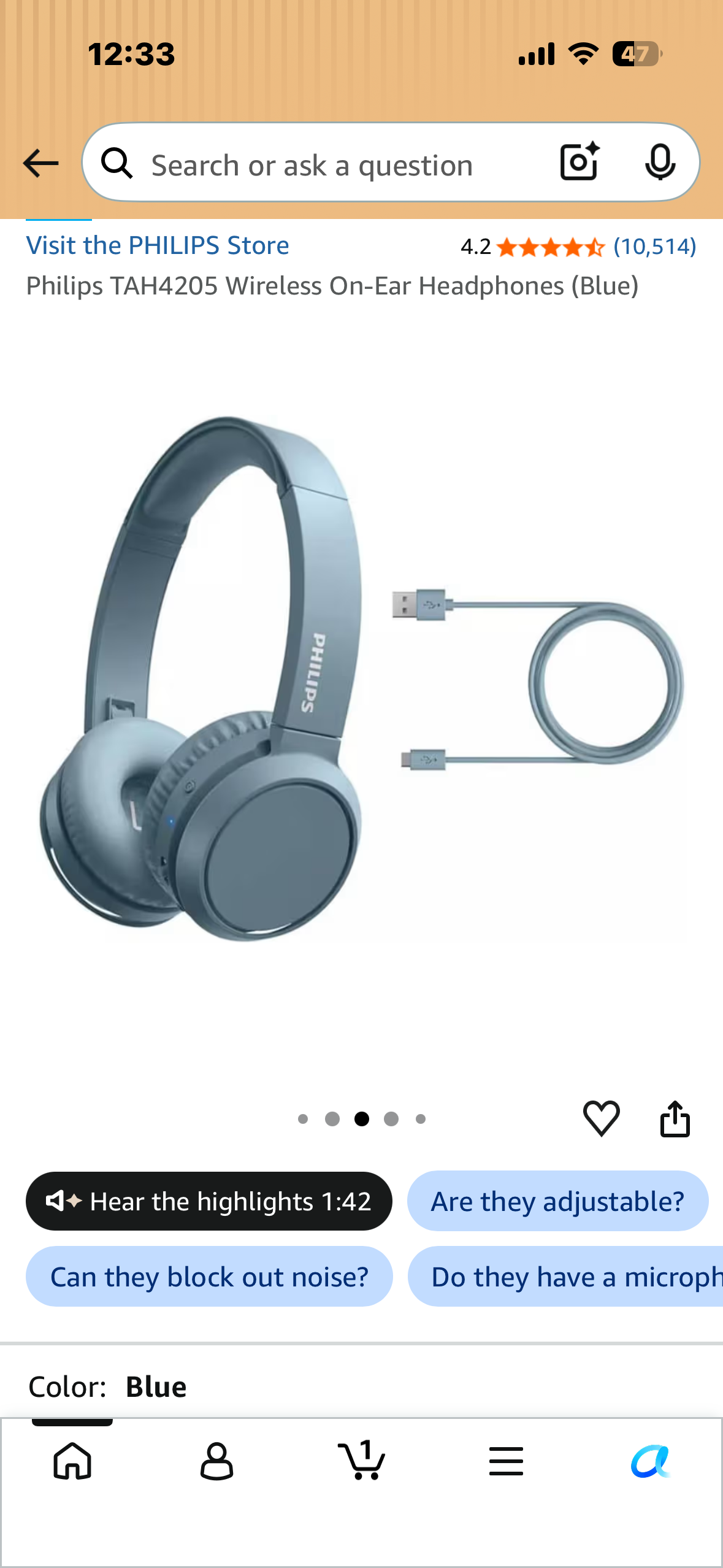 Philips TAH4205 Wireless On-Ear Headphones (Blue)