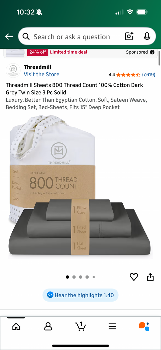 Threadmill Sheets 800 Thread Count 100% Cotton Dark Grey Twin Size 3 Pc Solid Luxury, Better Than Egyptian Cotton, Soft, Sateen Weave, Bedding Set, Bed-Sheets, Fits 15" Deep Pocket (Twin Bed)