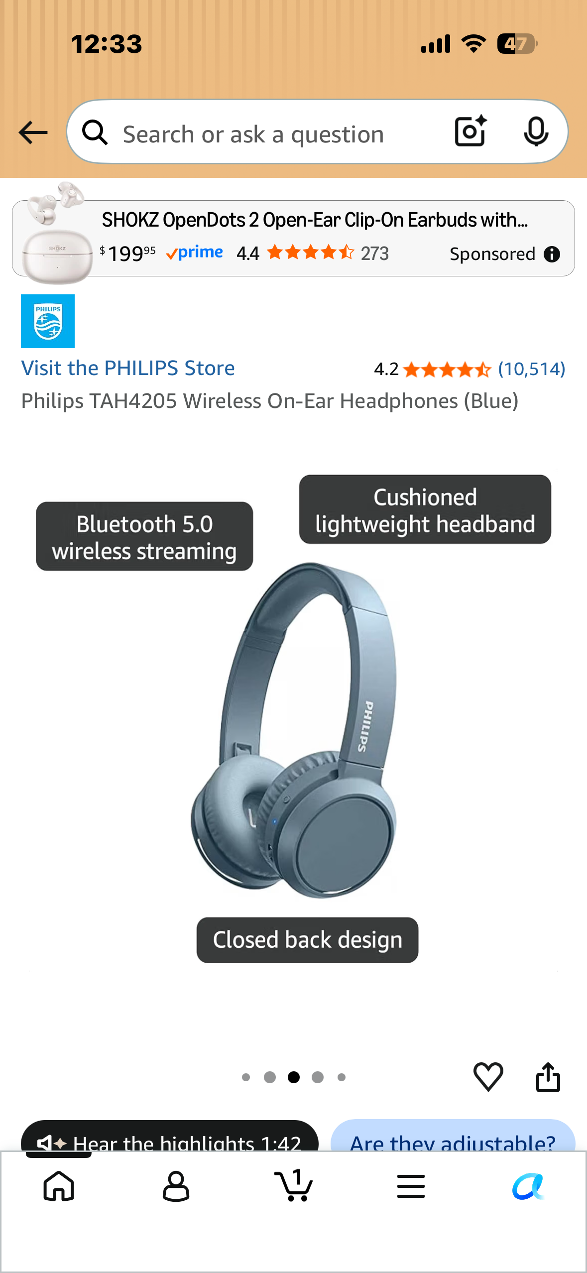 Philips TAH4205 Wireless On-Ear Headphones (Blue)