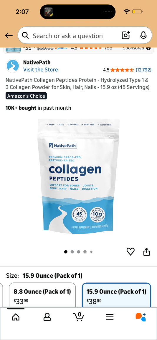 NativePath Collagen Peptides Protein - Hydrolyzed Type 1 & 3 Collagen Powder for Skin, Hair, Nails - 15.9 oz (45 Servings)