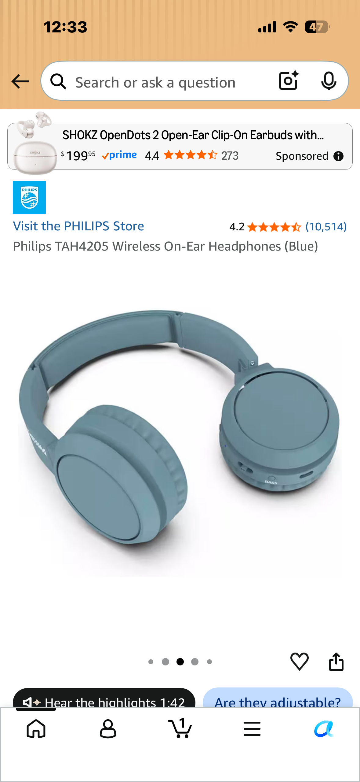 Philips TAH4205 Wireless On-Ear Headphones (Blue)
