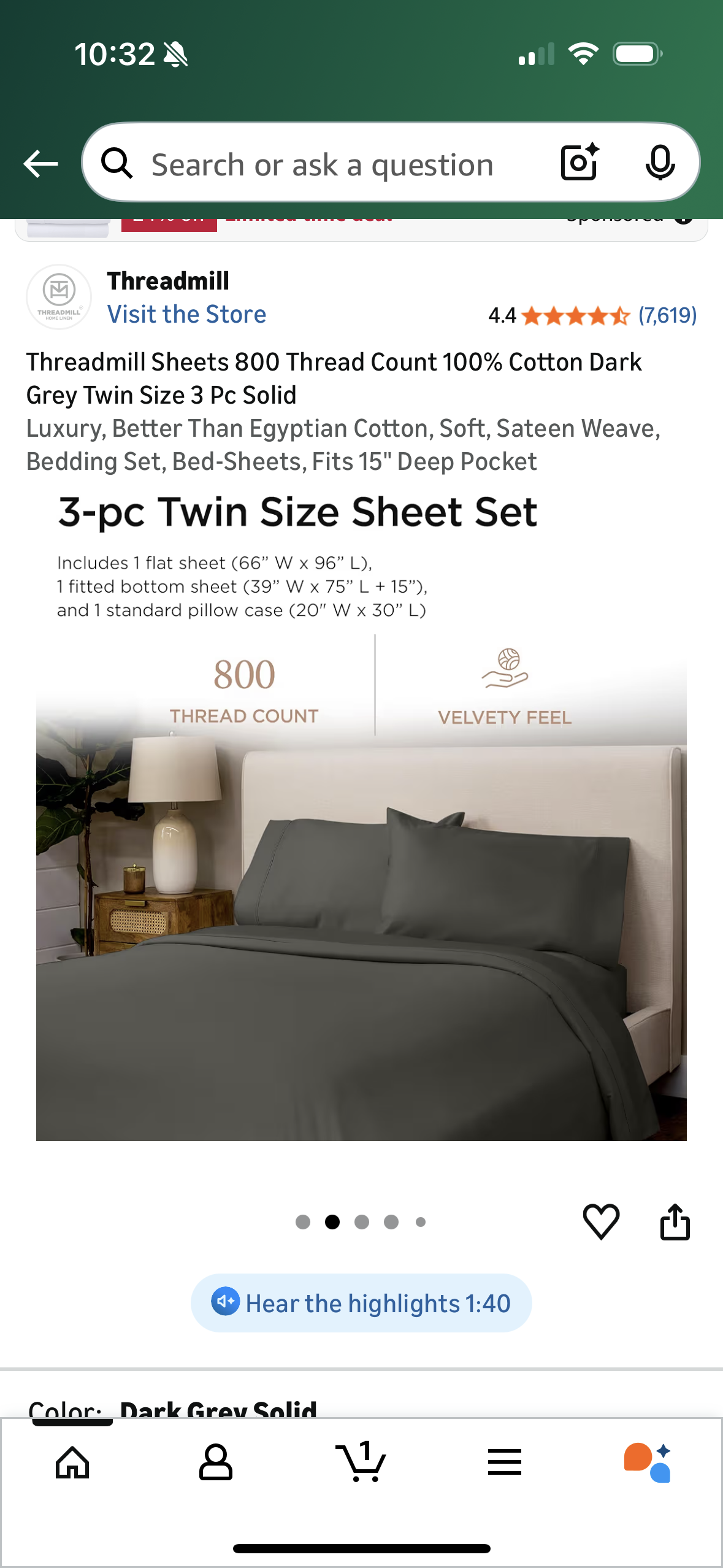 Threadmill Sheets 800 Thread Count 100% Cotton Dark Grey Twin Size 3 Pc Solid Luxury, Better Than Egyptian Cotton, Soft, Sateen Weave, Bedding Set, Bed-Sheets, Fits 15" Deep Pocket (Twin Bed)