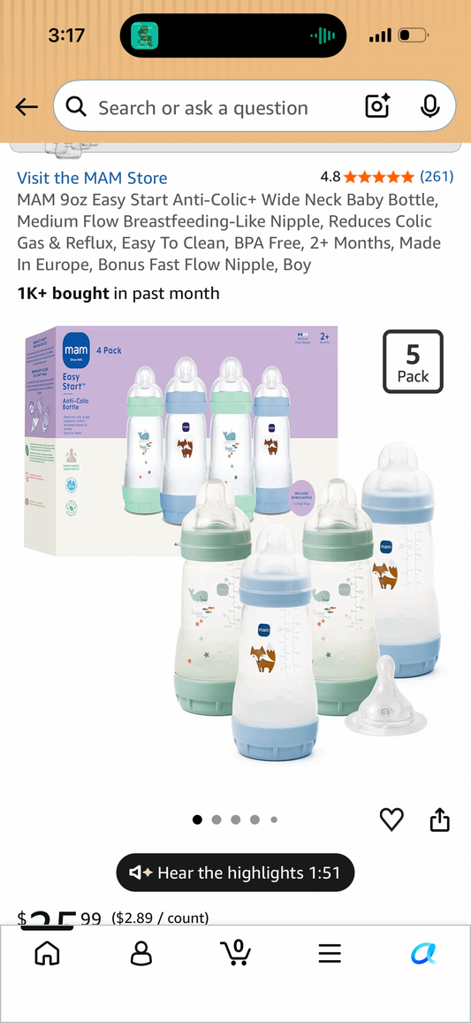 MAM 9oz Easy Start Anti-Colic+ Wide Neck Baby Bottle, Medium Flow Breastfeeding-Like Nipple, Reduces Colic Gas & Reflux, Easy To Clean, BPA Free, 2+ Months, Made In Europe, Bonus Fast Flow Nipple, Boy