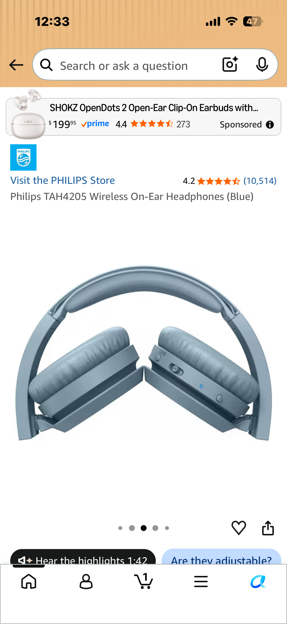 Philips TAH4205 Wireless On-Ear Headphones (Blue)