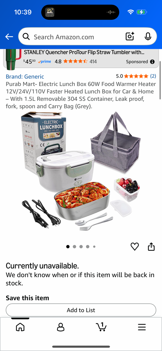 Purab Mart- Electric Lunch Box 60W Food Warmer Heater 12V/24V/110V Faster Heated Lunch Box for Car & Home – With 1.5L Removable 304 SS Container, Leak proof, fork, spoon and Carry Bag (Grey).