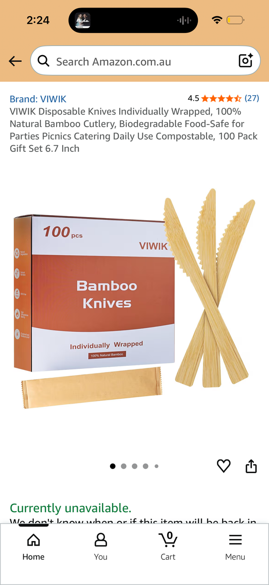 VIWIK Disposable Knives Individually Wrapped, 100% Natural Bamboo Cutlery, Biodegradable Food-Safe for Parties Picnics Catering Daily Use Compostable, 100 Pack Gift Set 6.7 Inch