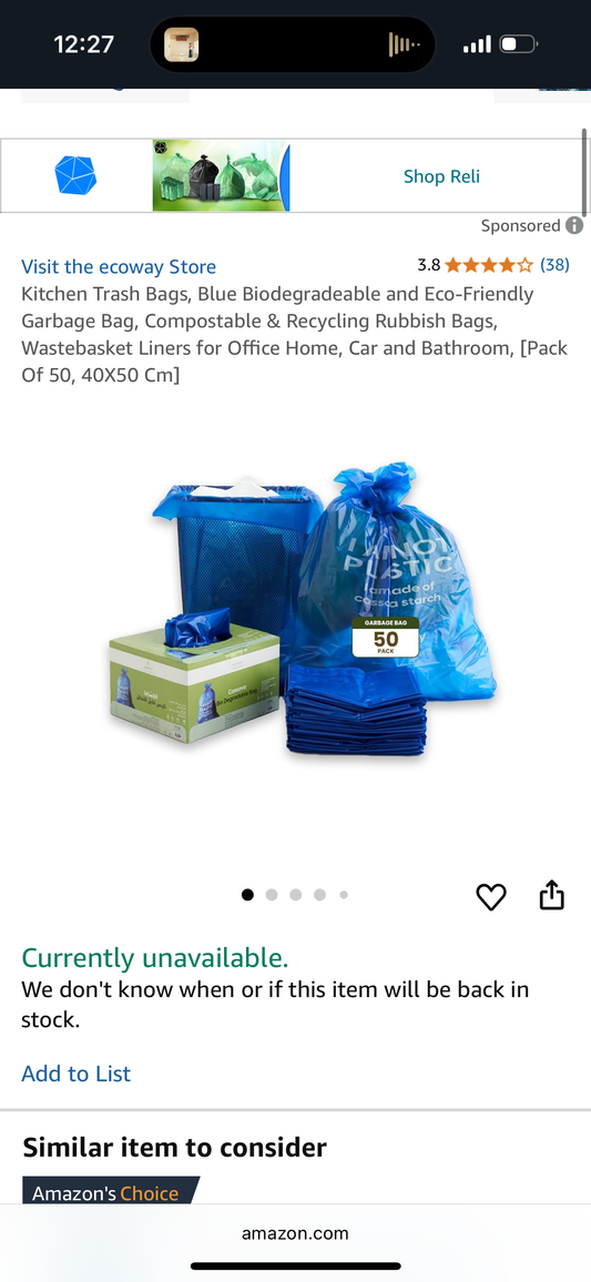Ecoway Kitchen Trash Bags, Blue Biodegradeable and Eco-Friendly Garbage Bag, Compostable & Recycling Rubbish Bags, Wastebasket Liners for Office Home, Car and Bathroom, [Pack Of 50, 40X50 Cm]