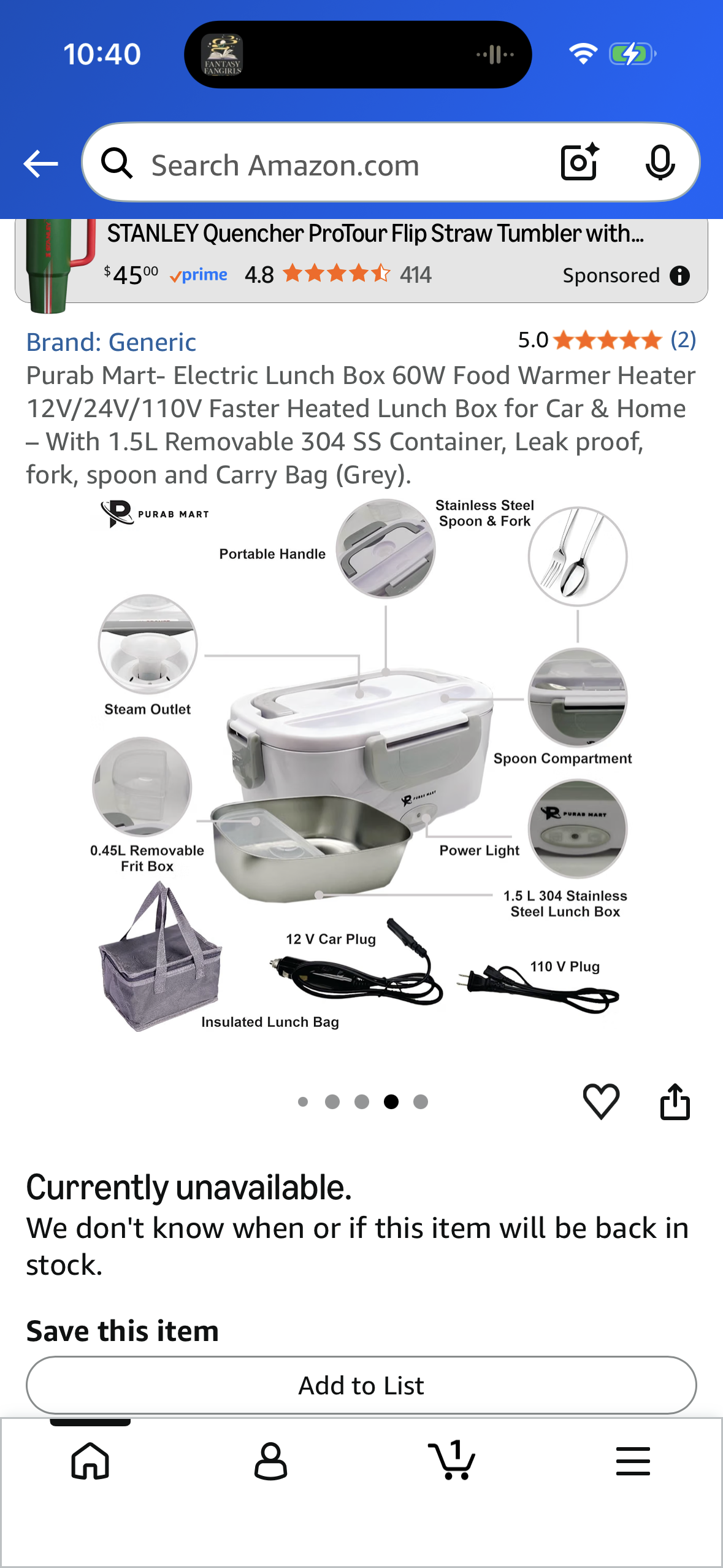 Purab Mart- Electric Lunch Box 60W Food Warmer Heater 12V/24V/110V Faster Heated Lunch Box for Car & Home – With 1.5L Removable 304 SS Container, Leak proof, fork, spoon and Carry Bag (Grey).