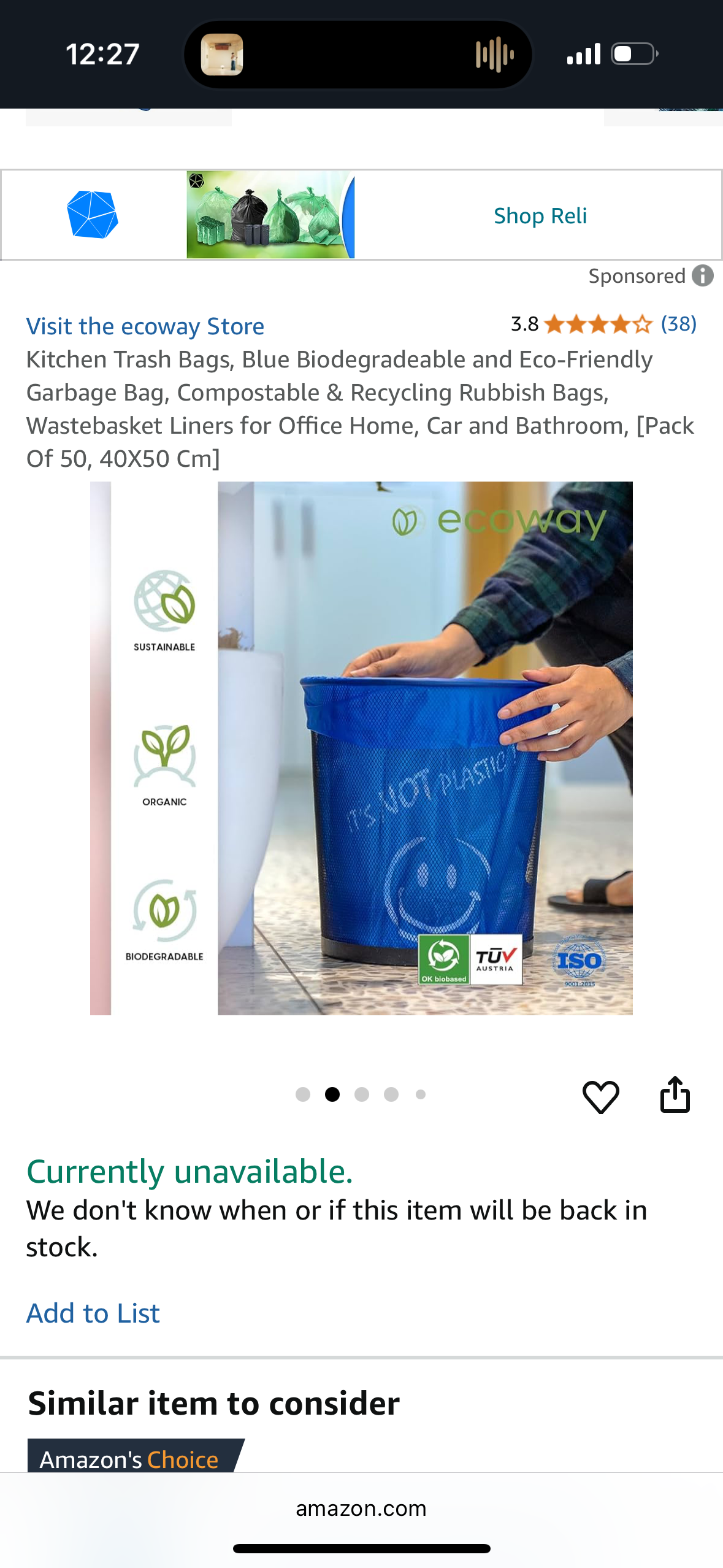 Ecoway Kitchen Trash Bags, Blue Biodegradeable and Eco-Friendly Garbage Bag, Compostable & Recycling Rubbish Bags, Wastebasket Liners for Office Home, Car and Bathroom, [Pack Of 50, 40X50 Cm]