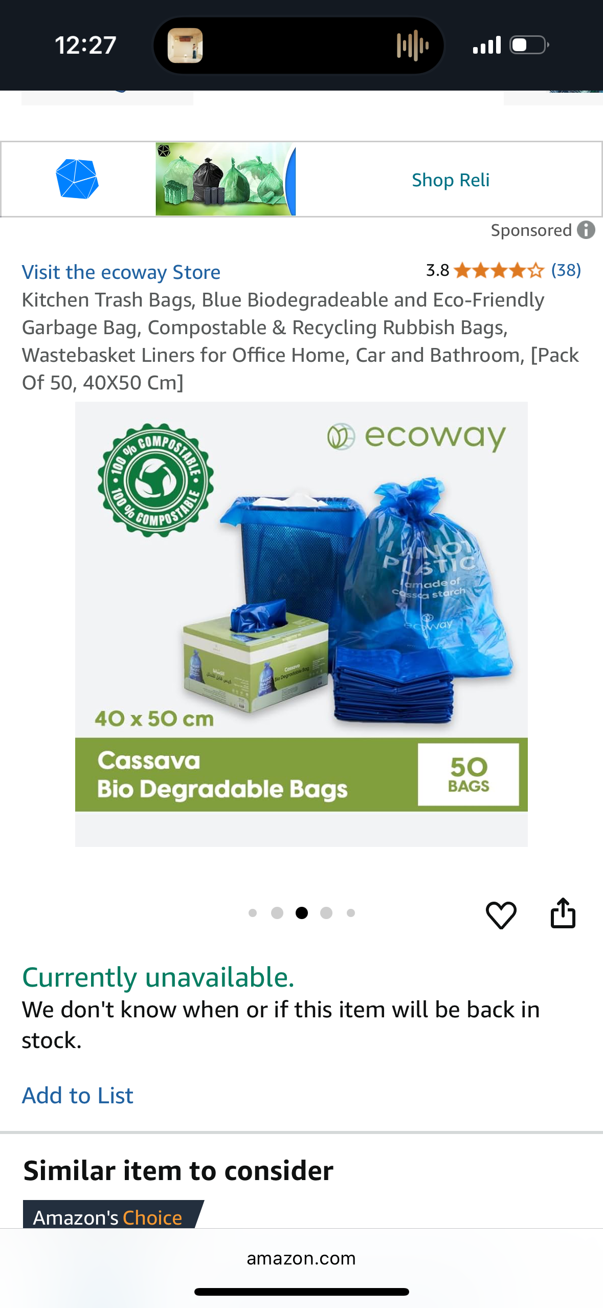 Ecoway Kitchen Trash Bags, Blue Biodegradeable and Eco-Friendly Garbage Bag, Compostable & Recycling Rubbish Bags, Wastebasket Liners for Office Home, Car and Bathroom, [Pack Of 50, 40X50 Cm]