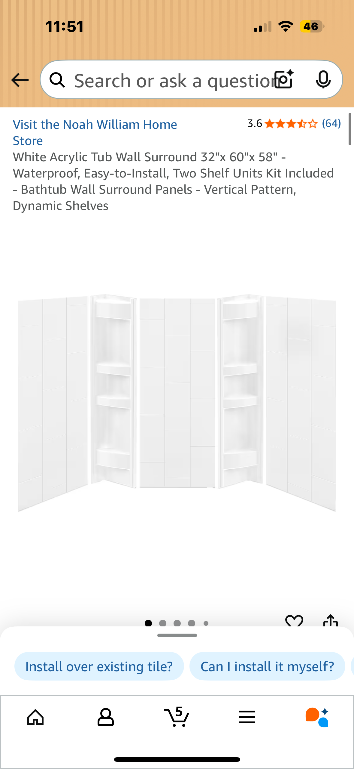 White Acrylic Tub Wall Surround 32"x 60"x 58" - Waterproof, Easy-to-Install, Two Shelf Units Kit Included, Bathtub Wall Surround Panels - Vertical Pattern, (B1123)
