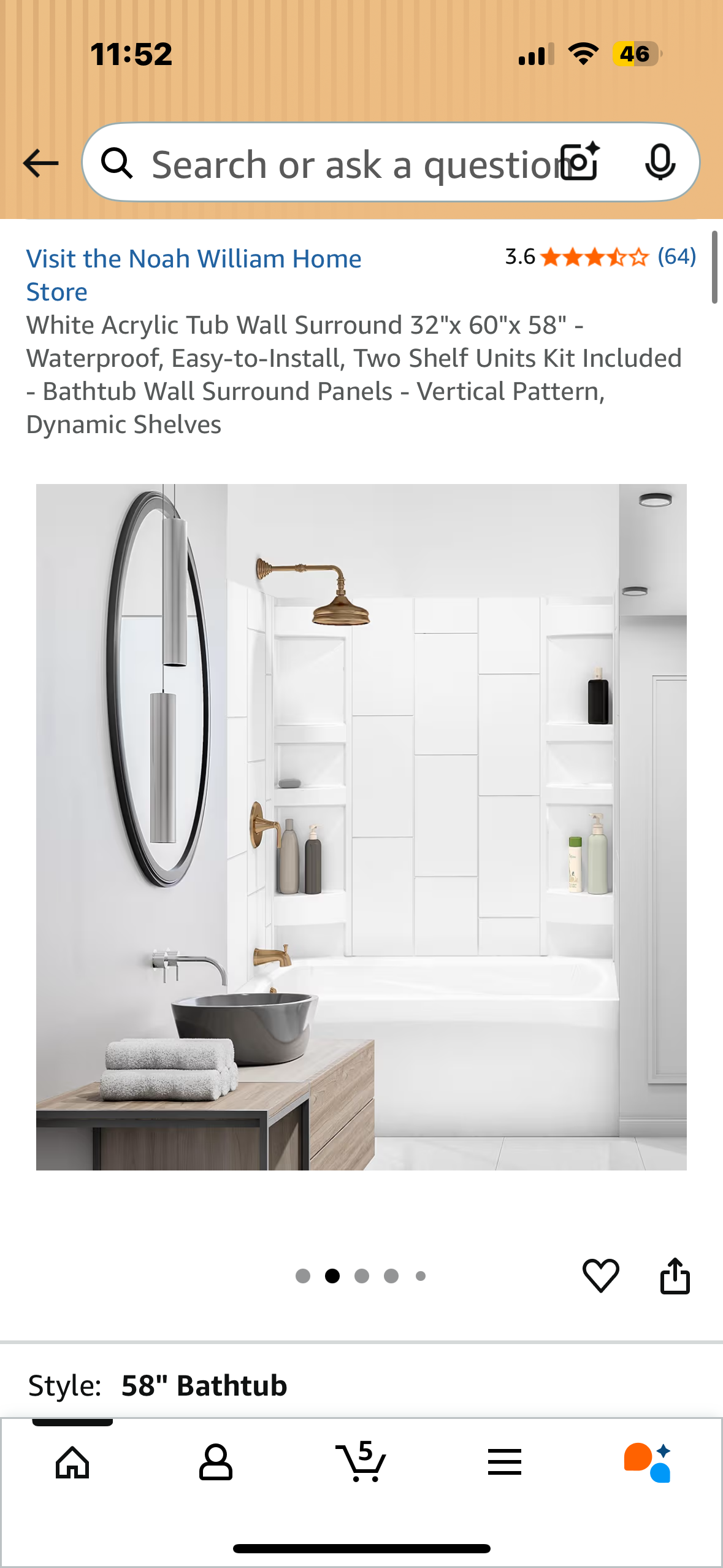 White Acrylic Tub Wall Surround 32"x 60"x 58" - Waterproof, Easy-to-Install, Two Shelf Units Kit Included, Bathtub Wall Surround Panels - Vertical Pattern, (B1123)