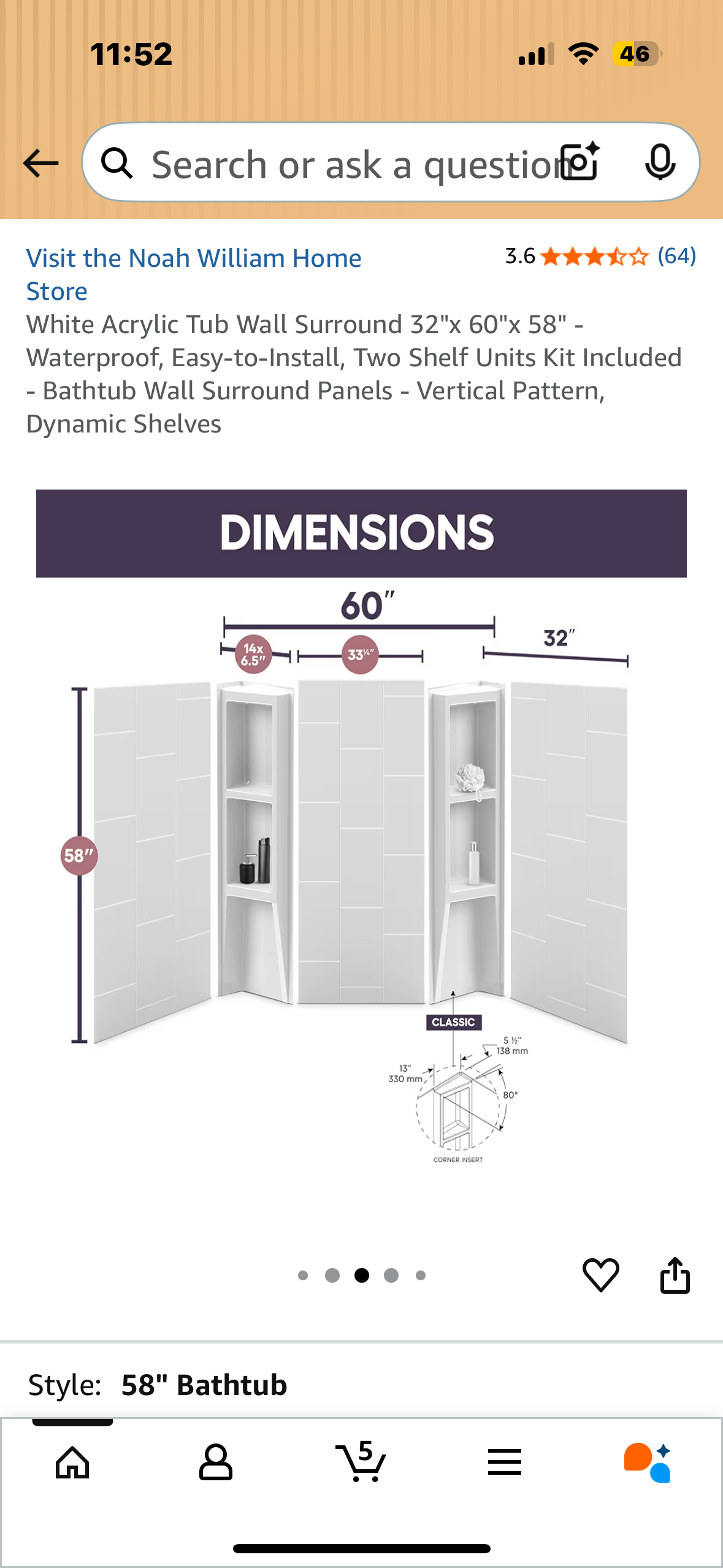 White Acrylic Tub Wall Surround 32"x 60"x 58" - Waterproof, Easy-to-Install, Two Shelf Units Kit Included, Bathtub Wall Surround Panels - Vertical Pattern, (B1123)