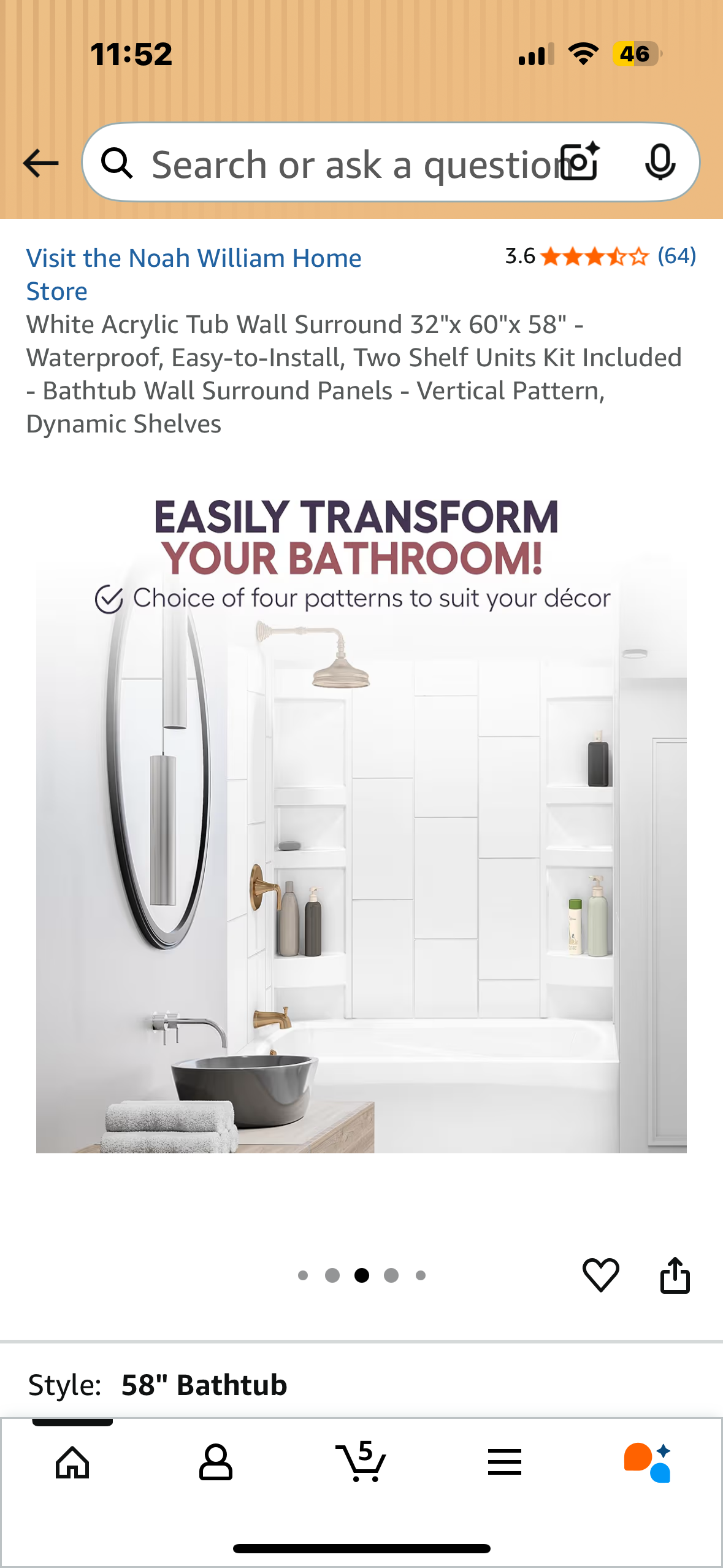 White Acrylic Tub Wall Surround 32"x 60"x 58" - Waterproof, Easy-to-Install, Two Shelf Units Kit Included, Bathtub Wall Surround Panels - Vertical Pattern, (B1123)