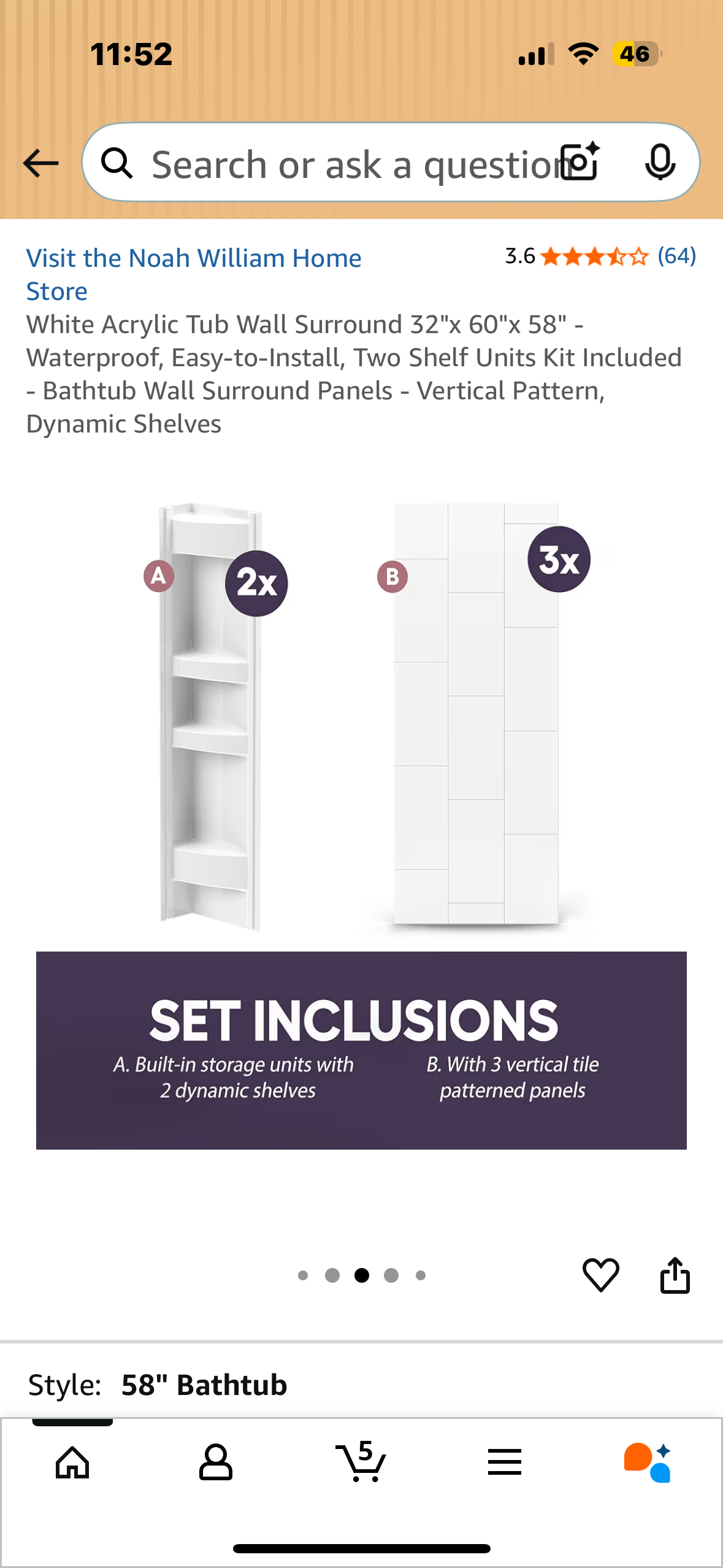 White Acrylic Tub Wall Surround 32"x 60"x 58" - Waterproof, Easy-to-Install, Two Shelf Units Kit Included, Bathtub Wall Surround Panels - Vertical Pattern, (B1123)