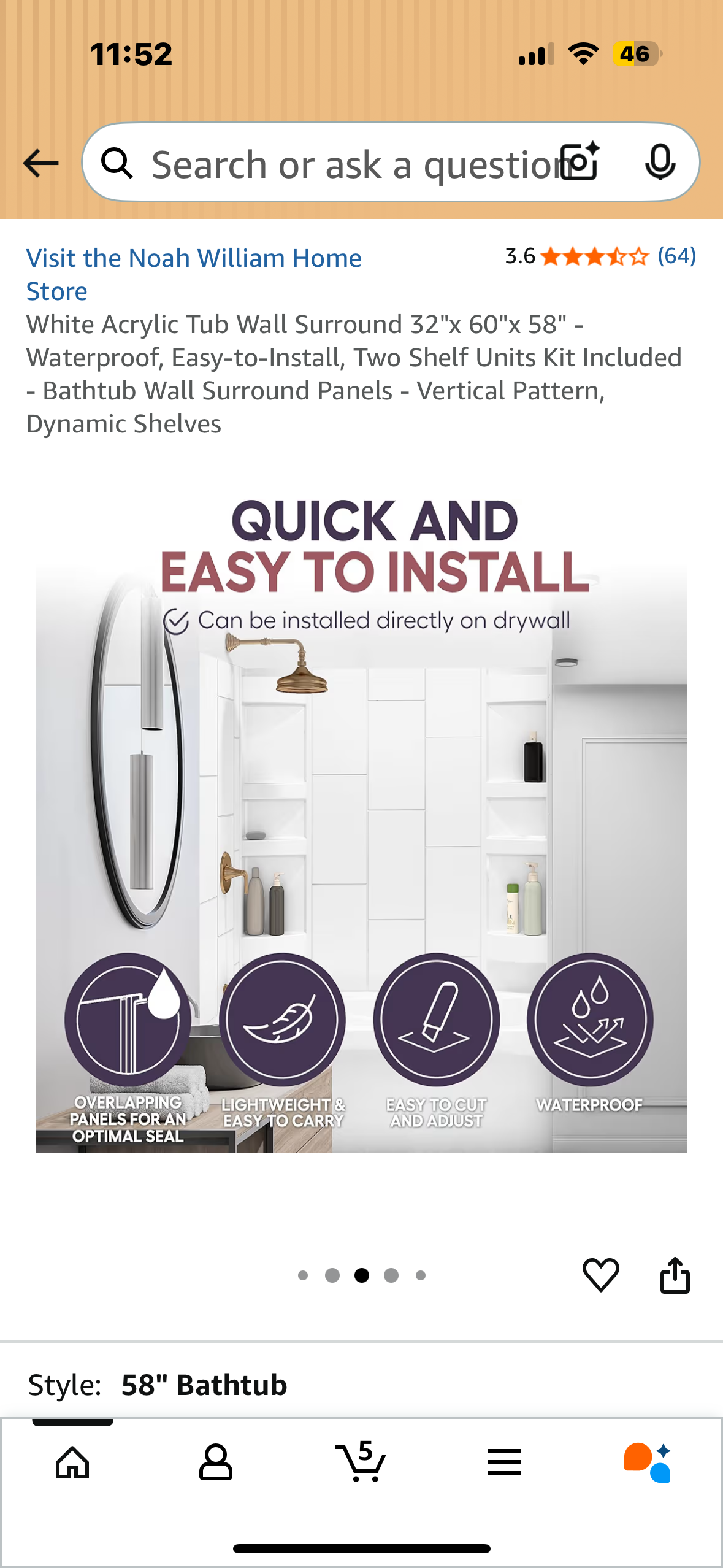 White Acrylic Tub Wall Surround 32"x 60"x 58" - Waterproof, Easy-to-Install, Two Shelf Units Kit Included, Bathtub Wall Surround Panels - Vertical Pattern, (B1123)