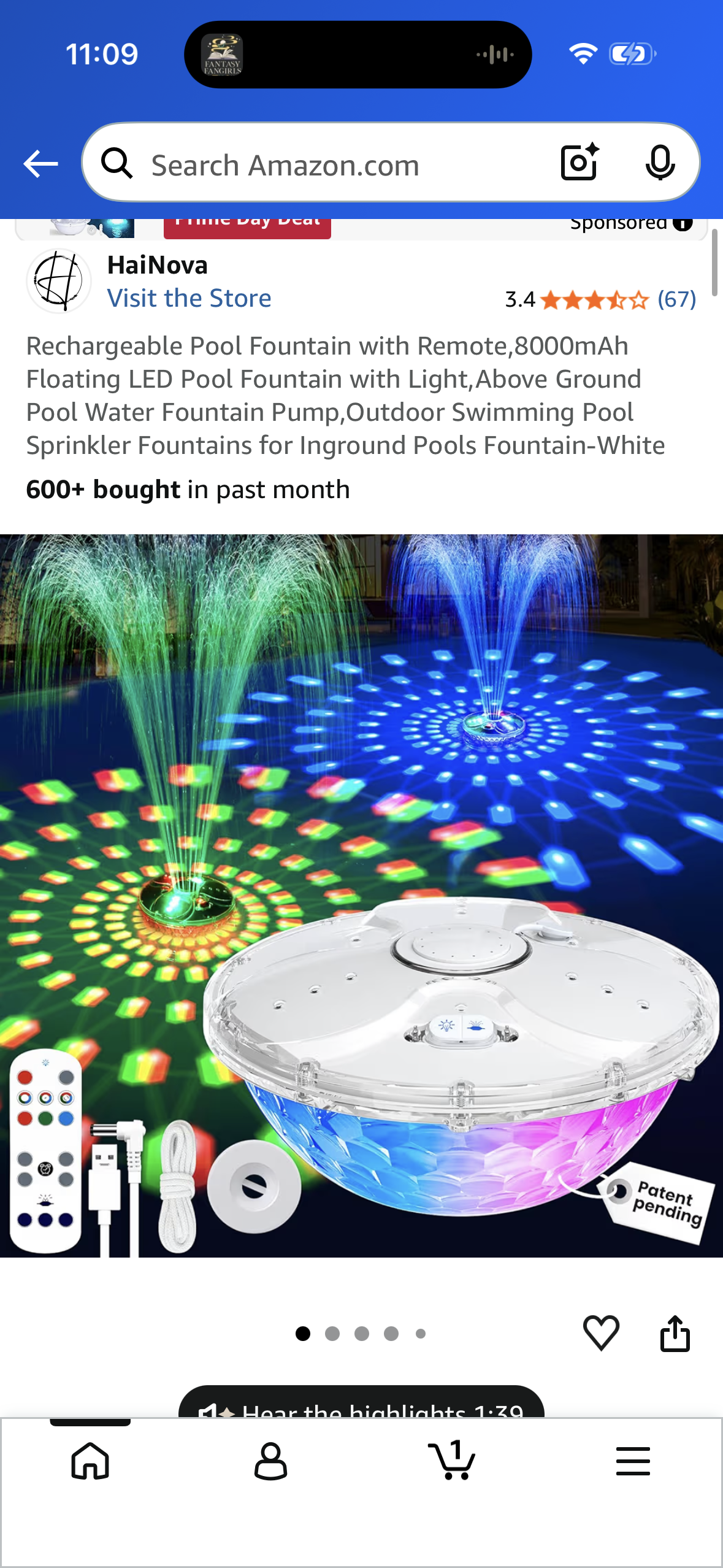 Rechargeable Pool Fountain with Remote,8000mAh Floating LED Pool Fountain with Light,Above Ground Pool Water Fountain Pump,Outdoor Swimming Pool Sprinkler Fountains for Inground Pools Fountain-White