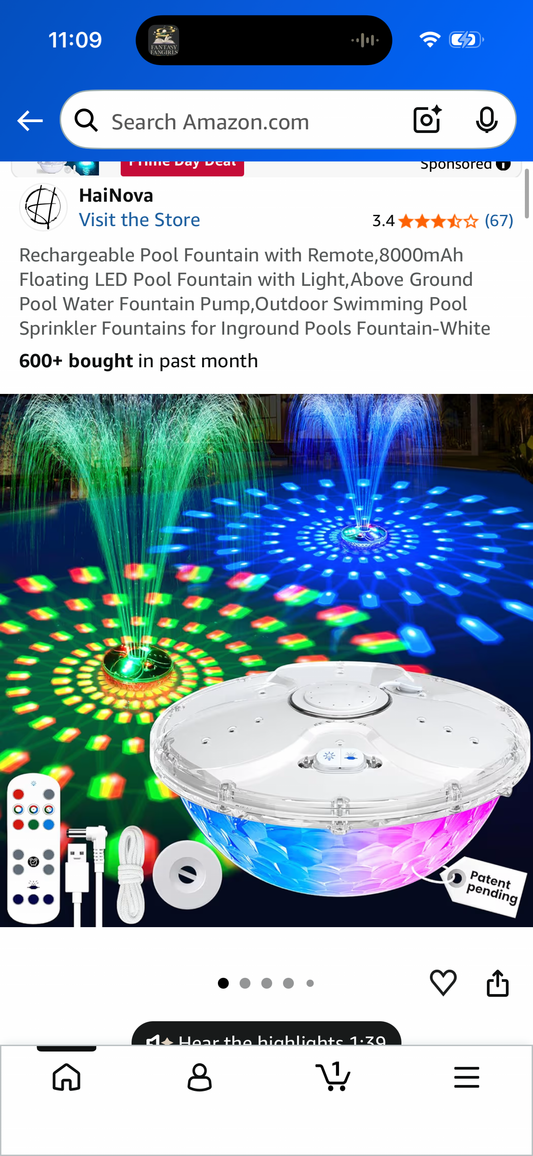 Rechargeable Pool Fountain with Remote,8000mAh Floating LED Pool Fountain with Light,Above Ground Pool Water Fountain Pump,Outdoor Swimming Pool Sprinkler Fountains for Inground Pools Fountain-White