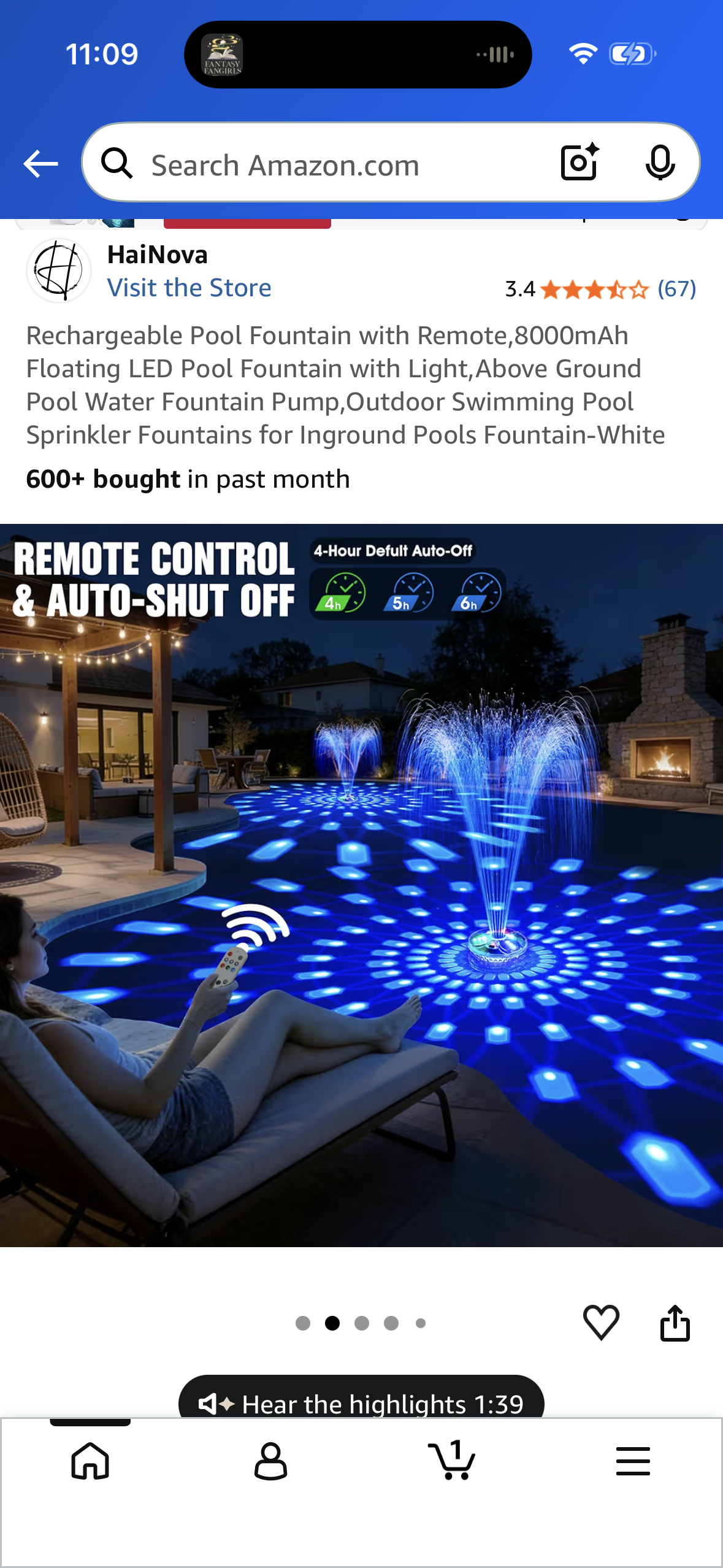 Rechargeable Pool Fountain with Remote,8000mAh Floating LED Pool Fountain with Light,Above Ground Pool Water Fountain Pump,Outdoor Swimming Pool Sprinkler Fountains for Inground Pools Fountain-White