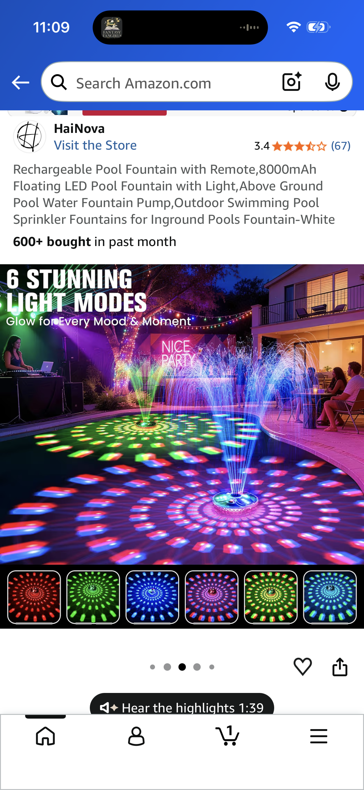 Rechargeable Pool Fountain with Remote,8000mAh Floating LED Pool Fountain with Light,Above Ground Pool Water Fountain Pump,Outdoor Swimming Pool Sprinkler Fountains for Inground Pools Fountain-White