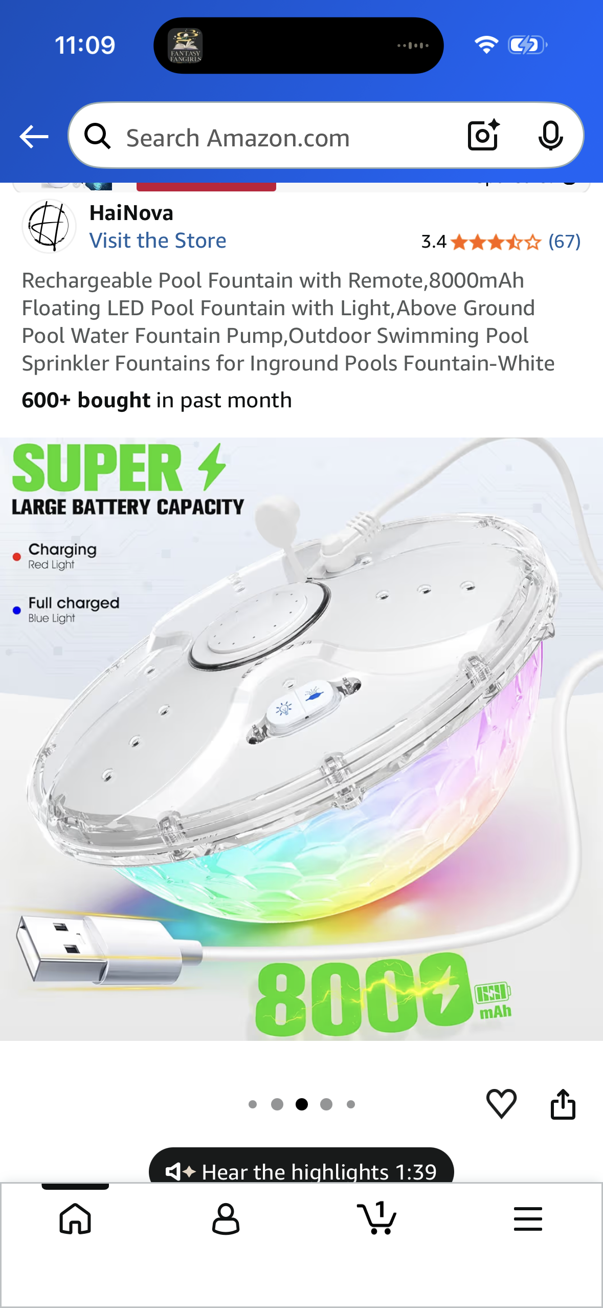 Rechargeable Pool Fountain with Remote,8000mAh Floating LED Pool Fountain with Light,Above Ground Pool Water Fountain Pump,Outdoor Swimming Pool Sprinkler Fountains for Inground Pools Fountain-White