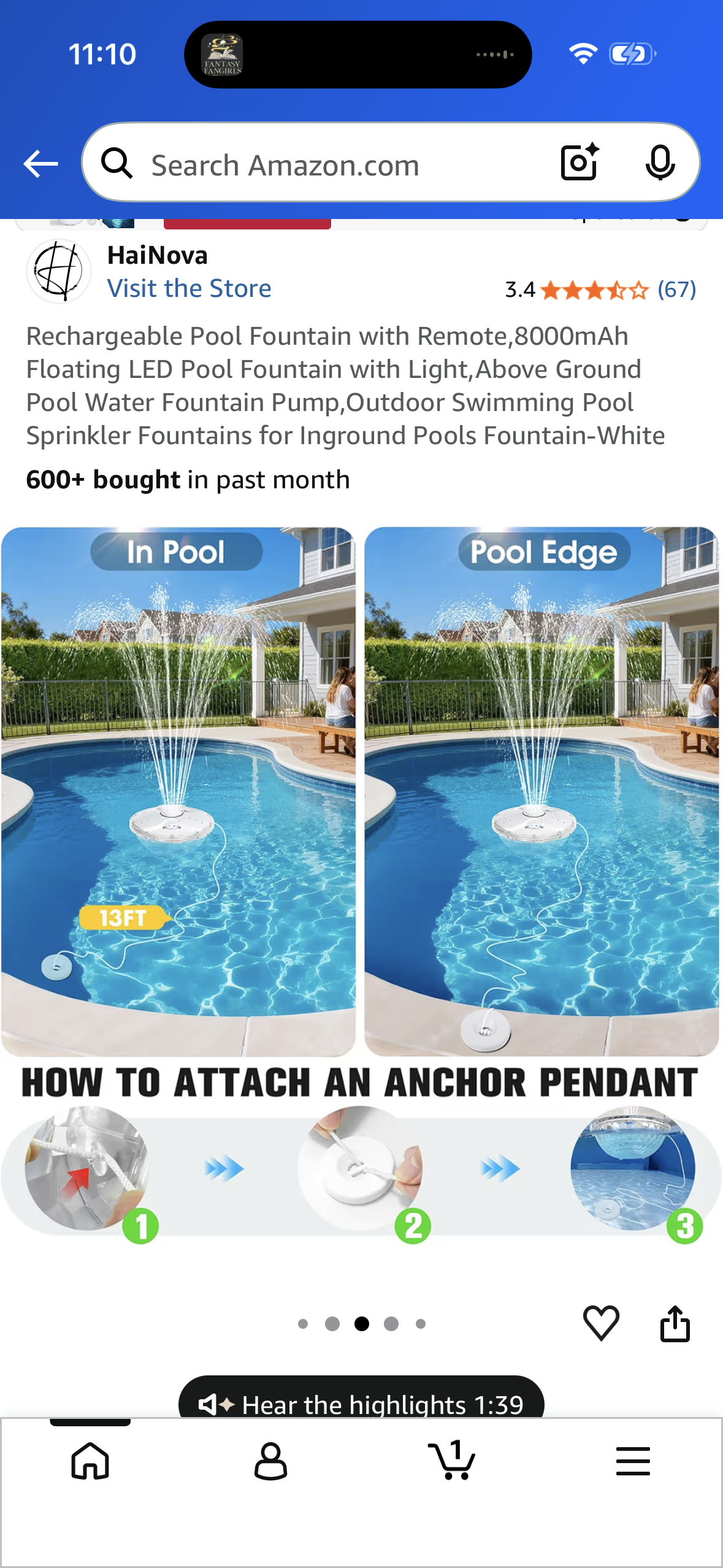 Rechargeable Pool Fountain with Remote,8000mAh Floating LED Pool Fountain with Light,Above Ground Pool Water Fountain Pump,Outdoor Swimming Pool Sprinkler Fountains for Inground Pools Fountain-White