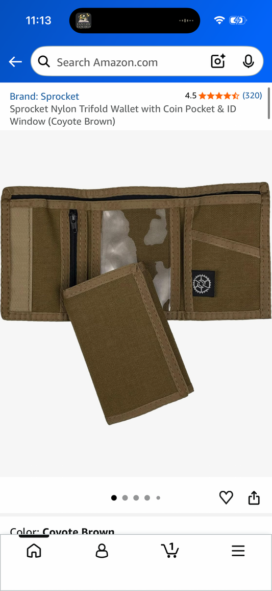 Sprocket Nylon Trifold Wallet with Coin Pocket & ID Window (Coyote Brown)