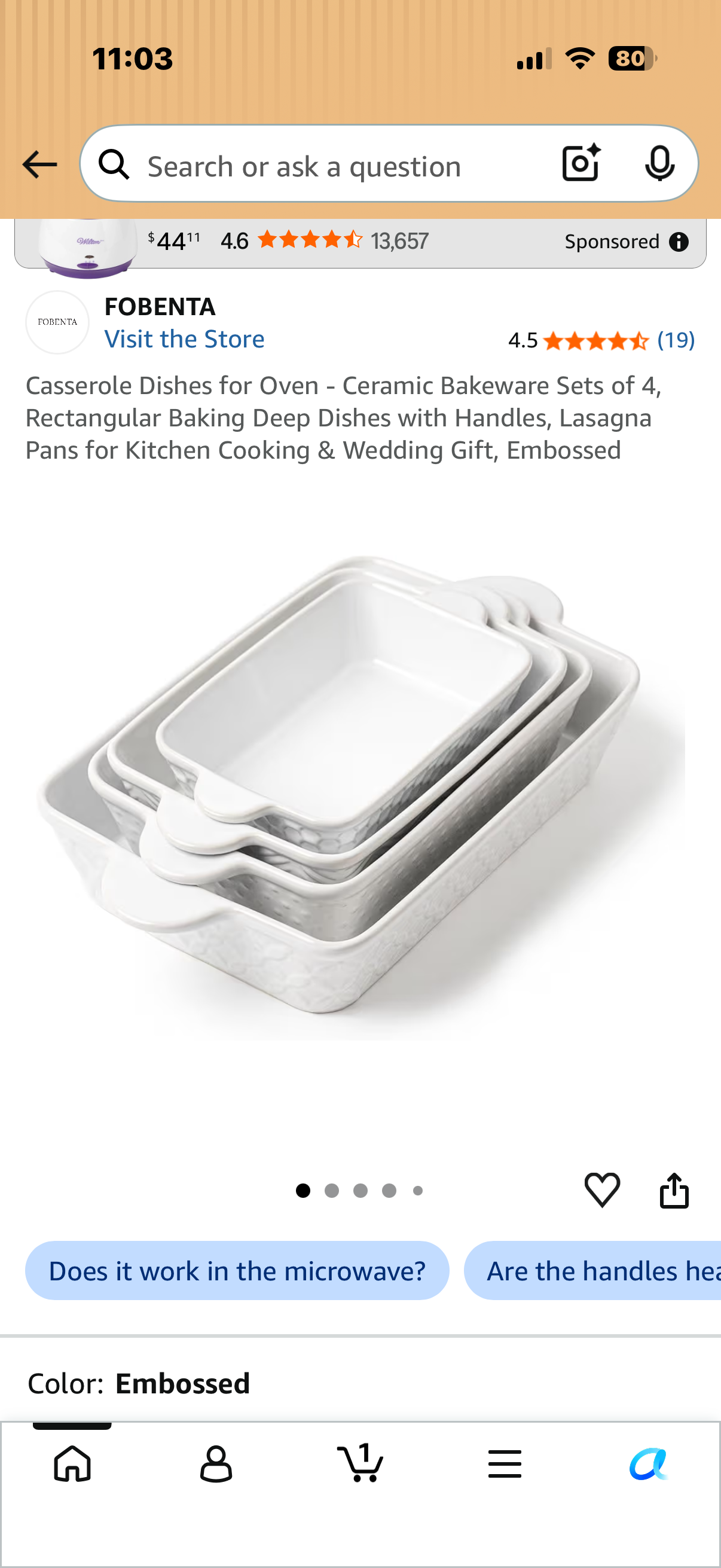 Casserole Dishes for Oven - Ceramic Bakeware Sets of 4, Rectangular Baking Deep Dishes with Handles, Lasagna Pans for Kitchen Cooking & Wedding Gift, Embossed