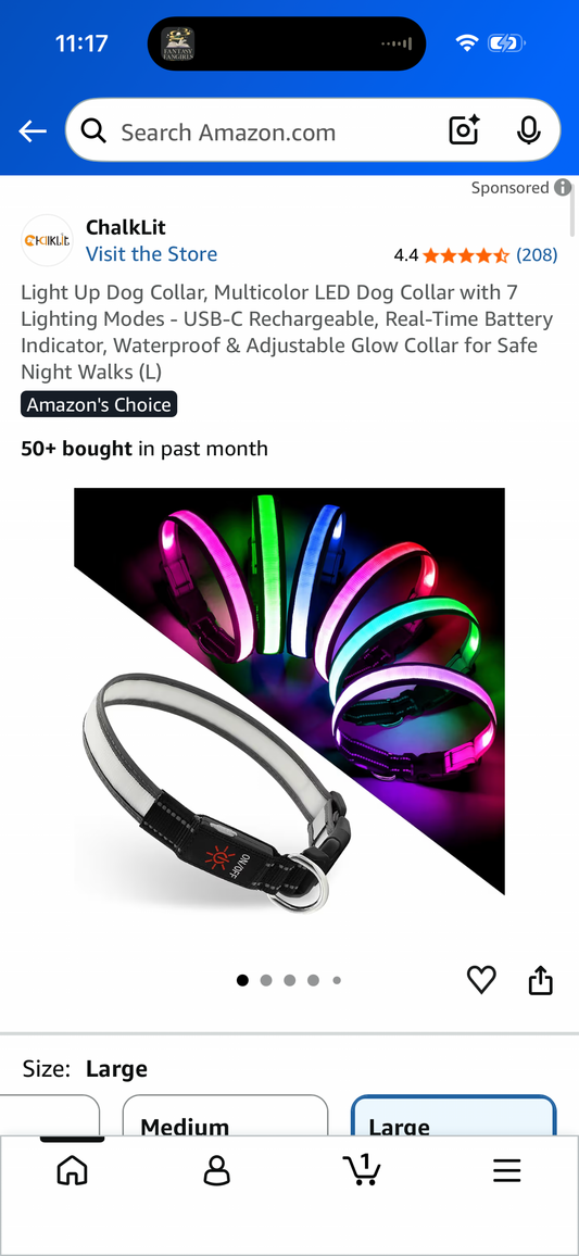 Light Up Dog Collar, Multicolor LED Dog Collar with 7 Lighting Modes - USB-C Rechargeable, Real-Time Battery Indicator, Waterproof & Adjustable Glow Collar for Safe Night Walks (Size Large)