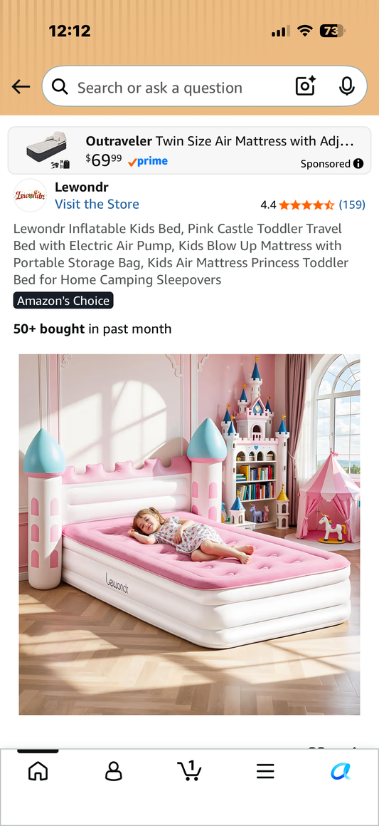 Lewondr Inflatable Kids Bed, Pink Castle Toddler Travel Bed with Electric Air Pump, Kids Blow Up Mattress with Portable Storage Bag, Kids Air Mattress Princess Toddler Bed for Home Camping Sleepovers