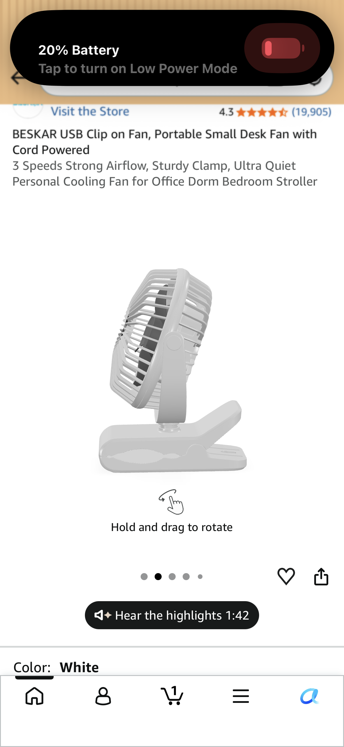 Clip on Fan, Rechargeable Portable Fan, Small Desk Fan - 10000mAh Battery Powered Fan with 4 Speed, 360° Rotation Personal Fan Suitable for Golf Cart, Bedroom, Travel and Camping