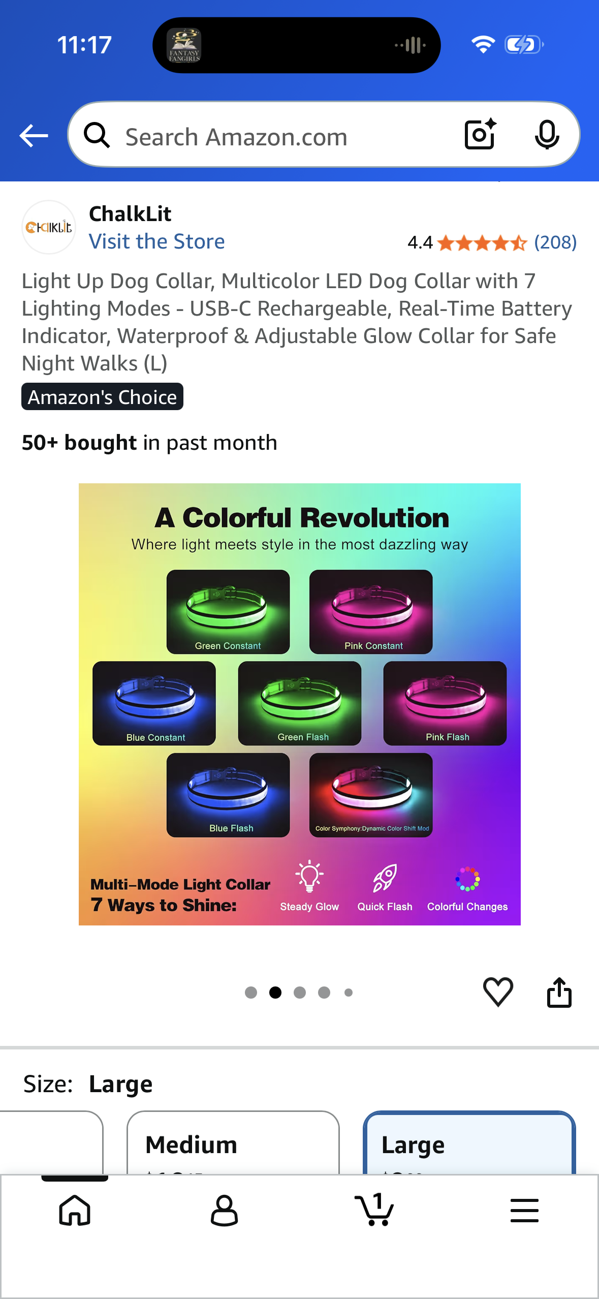 Light Up Dog Collar, Multicolor LED Dog Collar with 7 Lighting Modes - USB-C Rechargeable, Real-Time Battery Indicator, Waterproof & Adjustable Glow Collar for Safe Night Walks (Size Large)