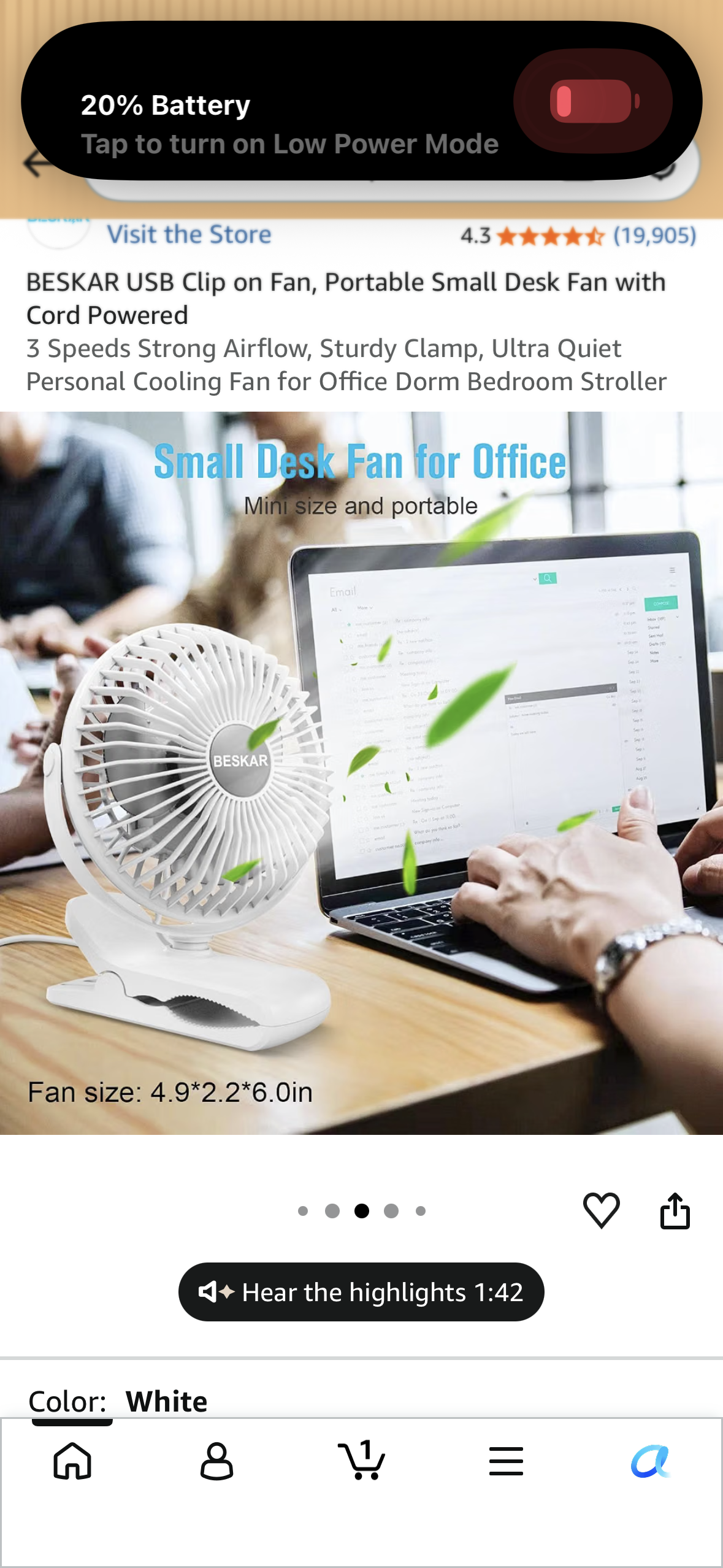 Clip on Fan, Rechargeable Portable Fan, Small Desk Fan - 10000mAh Battery Powered Fan with 4 Speed, 360° Rotation Personal Fan Suitable for Golf Cart, Bedroom, Travel and Camping