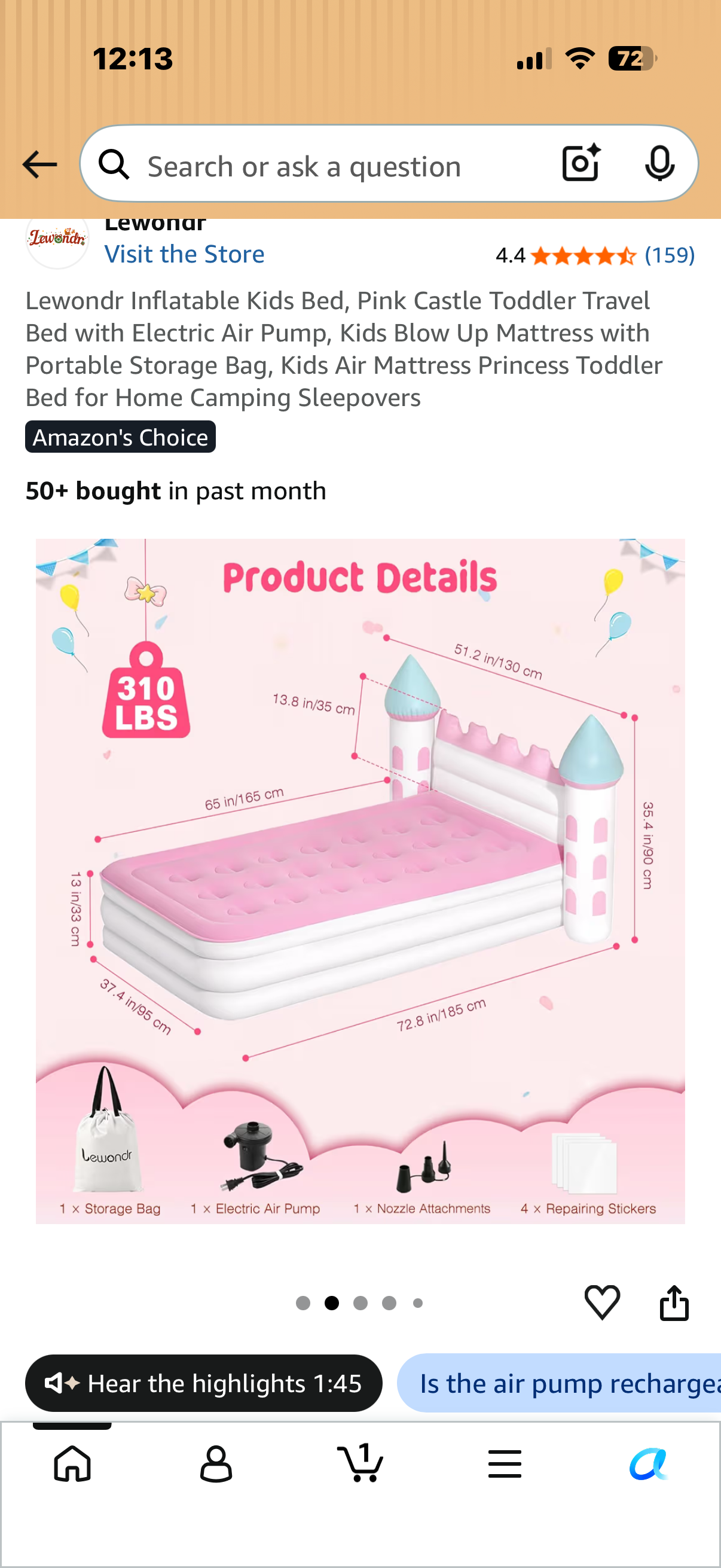 Lewondr Inflatable Kids Bed, Pink Castle Toddler Travel Bed with Electric Air Pump, Kids Blow Up Mattress with Portable Storage Bag, Kids Air Mattress Princess Toddler Bed for Home Camping Sleepovers