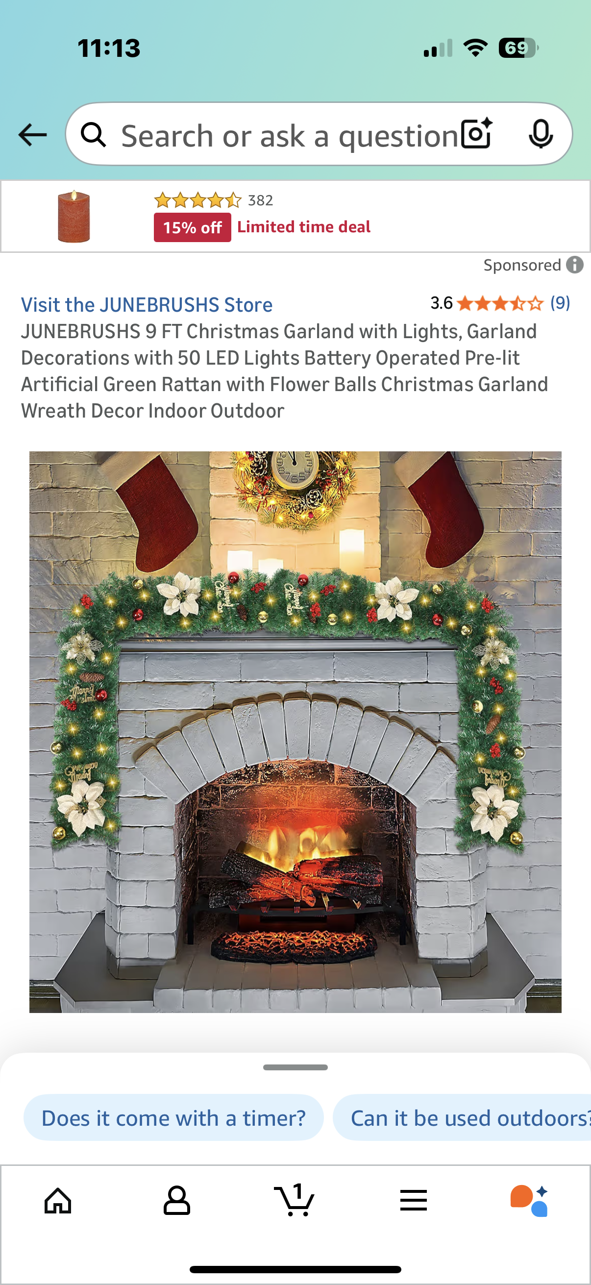 JUNEBRUSHS 9 FT Christmas Garland with Lights, Garland Decorations with 50 LED Lights Battery Operated Pre-lit Artificial Green Rattan with Flower Balls Christmas Garland Wreath Decor Indoor Outdoor