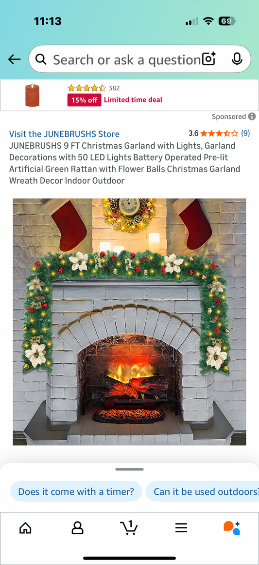 JUNEBRUSHS 9 FT Christmas Garland with Lights, Garland Decorations with 50 LED Lights Battery Operated Pre-lit Artificial Green Rattan with Flower Balls Christmas Garland Wreath Decor Indoor Outdoor