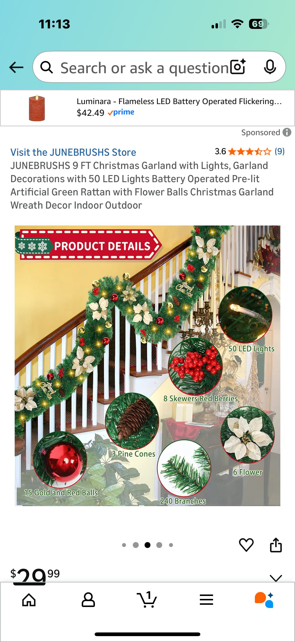 JUNEBRUSHS 9 FT Christmas Garland with Lights, Garland Decorations with 50 LED Lights Battery Operated Pre-lit Artificial Green Rattan with Flower Balls Christmas Garland Wreath Decor Indoor Outdoor