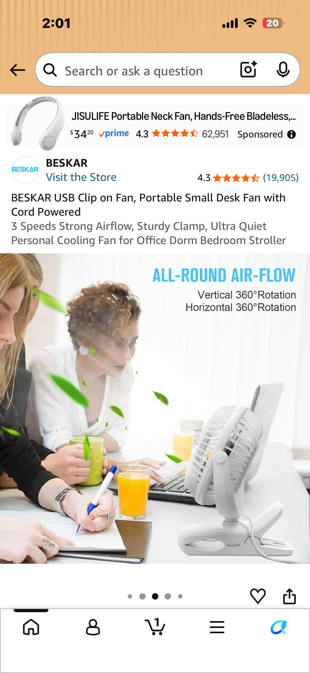 Clip on Fan, Rechargeable Portable Fan, Small Desk Fan - 10000mAh Battery Powered Fan with 4 Speed, 360° Rotation Personal Fan Suitable for Golf Cart, Bedroom, Travel and Camping