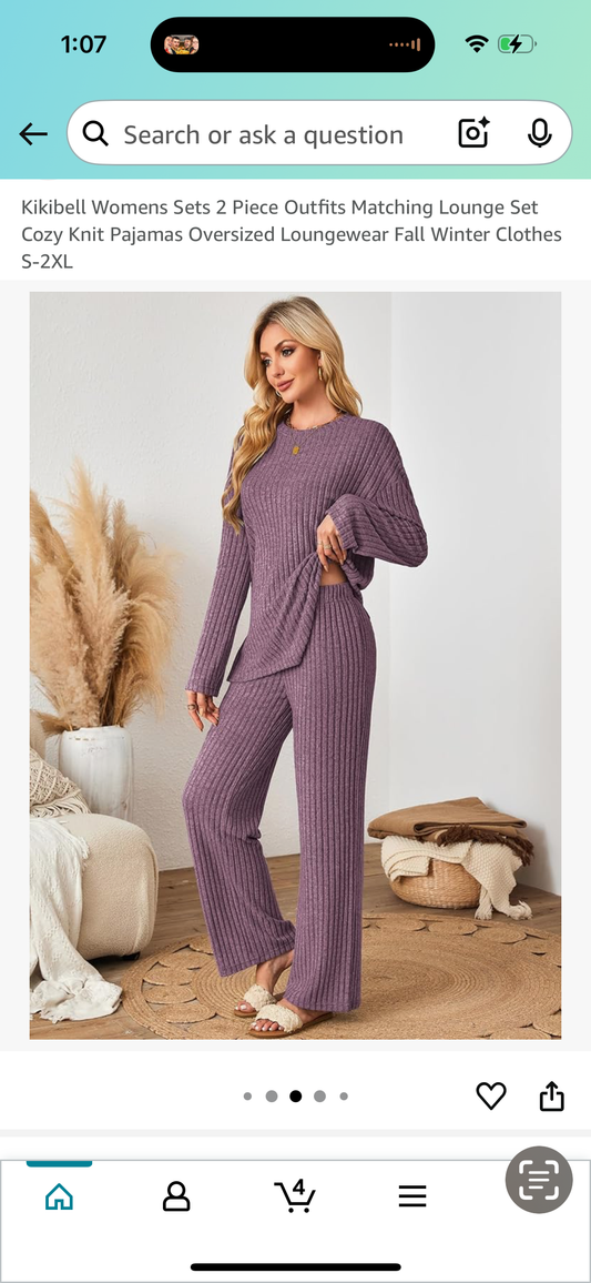 Women’s 2 Piece Outfit, Matching Lounge Set, Cozy Knit Pajamas, Oversized Loungewear (Size Large)