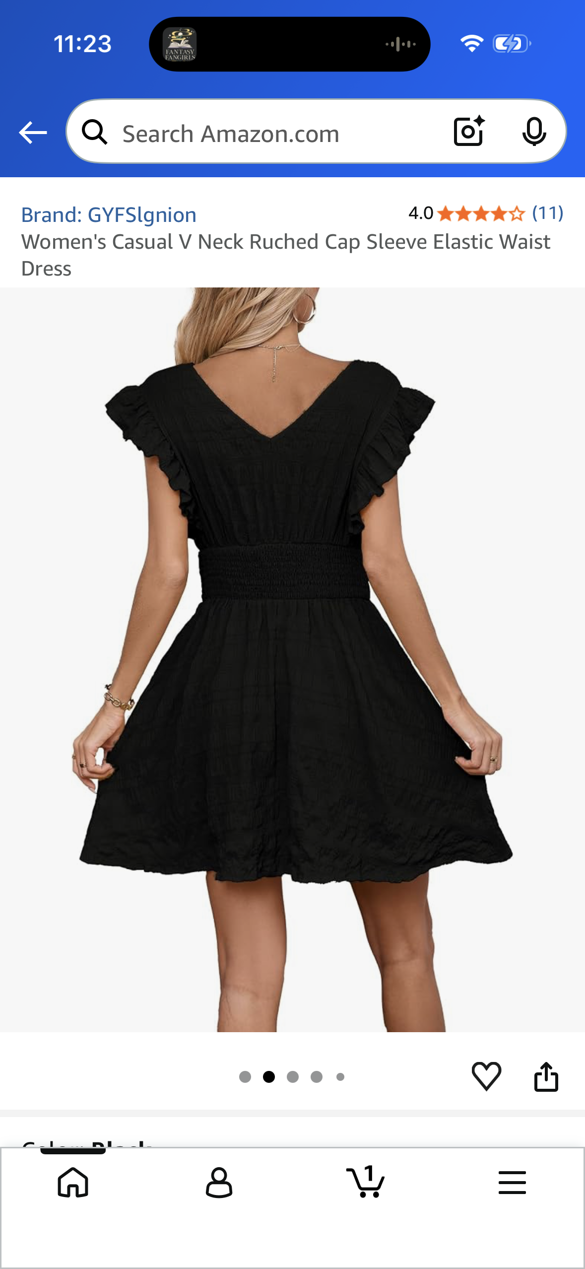 Women's Casual V Neck Ruched Cap Sleeve Elastic Waist Dress, Black (Size Large)