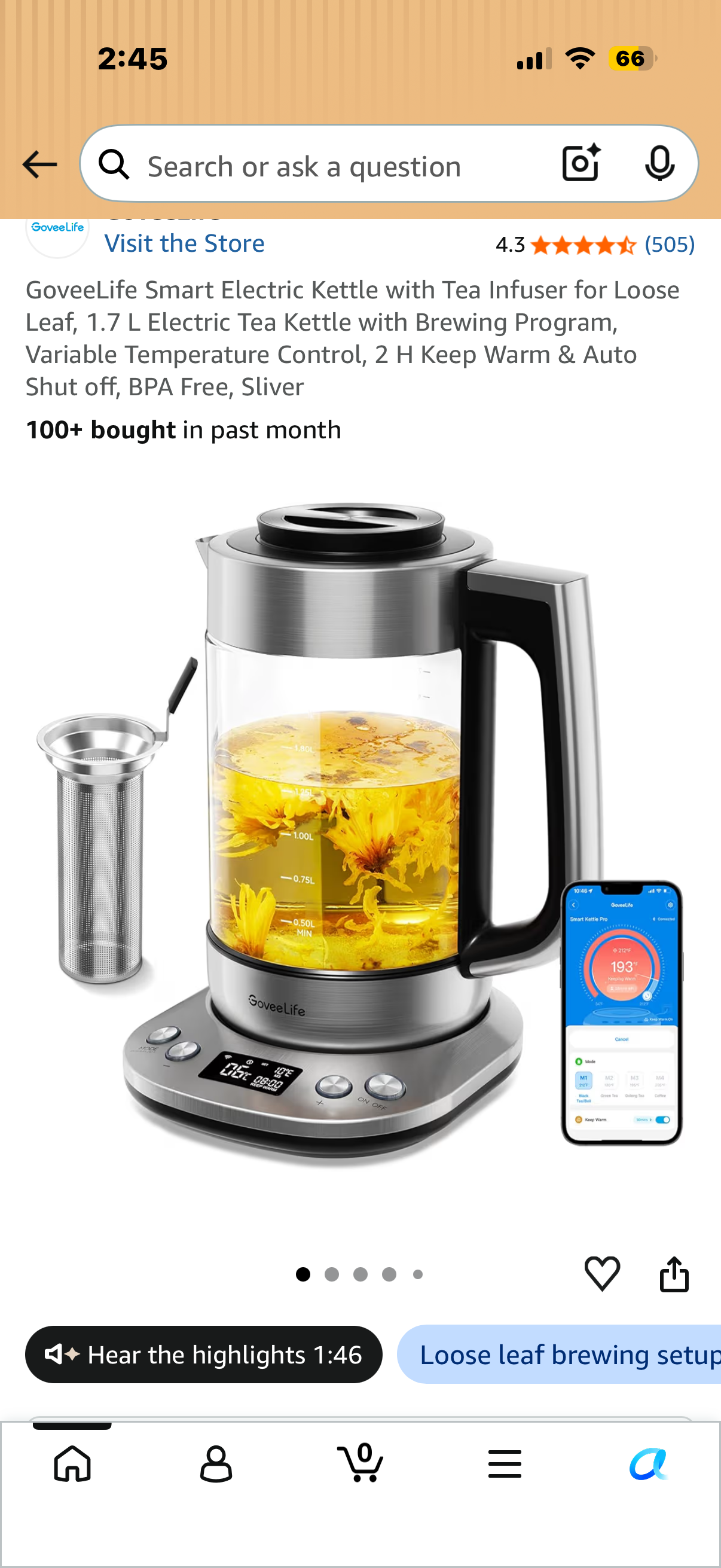 GoveeLife Smart Electric Kettle with Tea Infuser for Loose Leaf, 1.7 L Electric Tea Kettle with Brewing Program, Variable Temperature Control, 2 H Keep Warm & Auto Shut off, BPA Free
