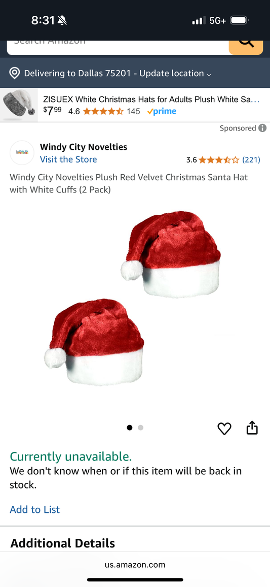 Windy City Novelties Plush Red Velvet Christmas Santa Hat with White Cuffs (2 Pack)