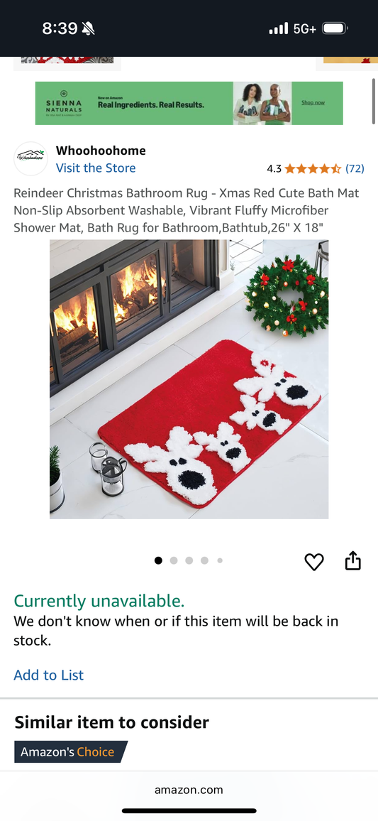 Reindeer Christmas Bathroom Rug - Xmas Red Cute Bath Mat Non-Slip Absorbent Washable, Vibrant Fluffy Microfiber Shower Mat, Bath Rug for Bathroom,Bathtub,26" X 18"