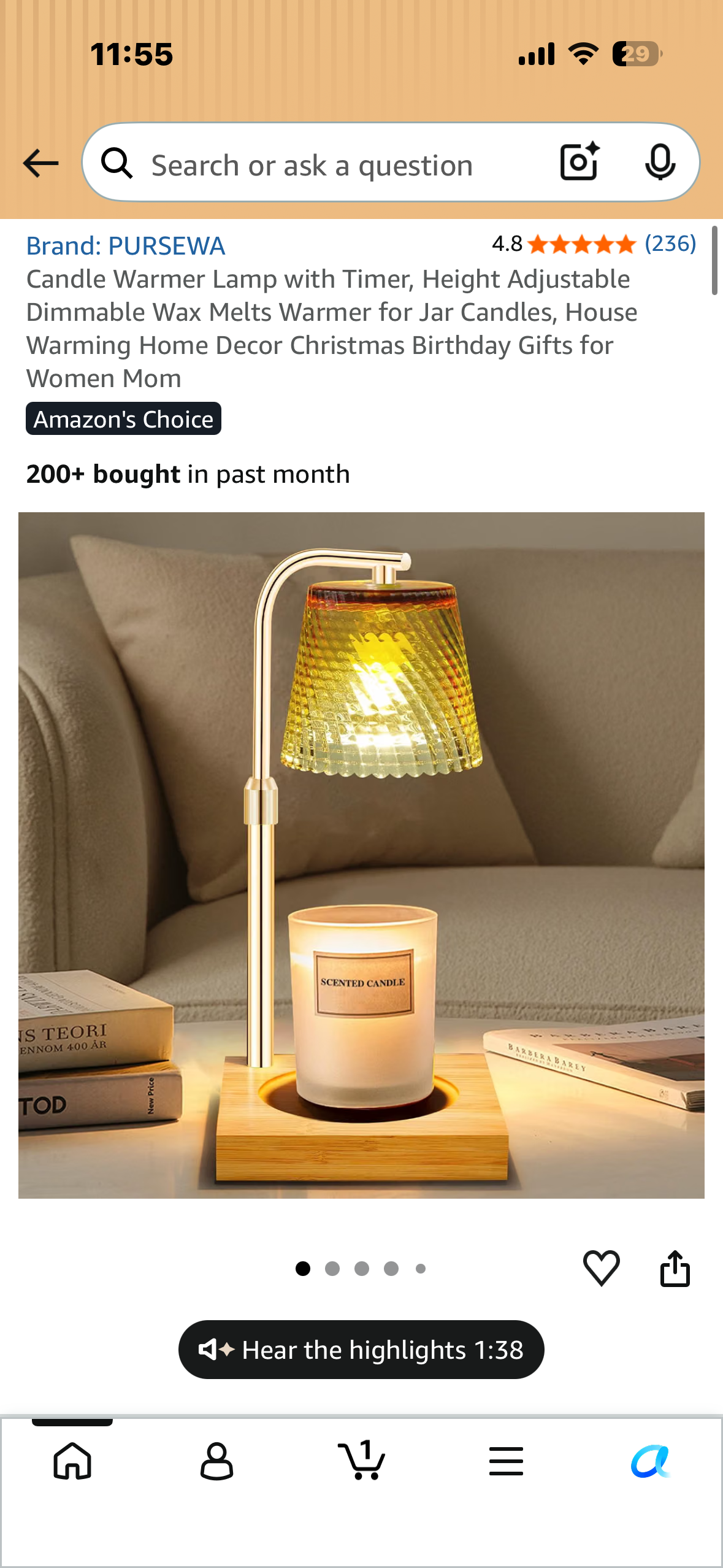 Candle Warmer Lamp with Timer, Height Adjustable, Dimmable Wax Melter Warmer for Jar Candles, House Warming, Home Decor