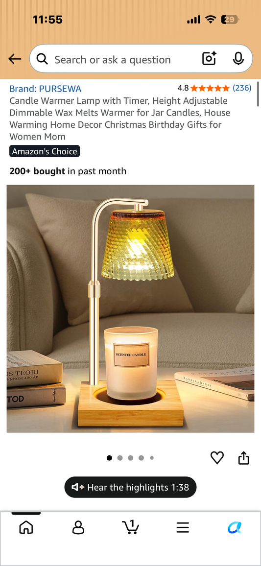 Candle Warmer Lamp with Timer, Height Adjustable, Dimmable Wax Melter Warmer for Jar Candles, House Warming, Home Decor
