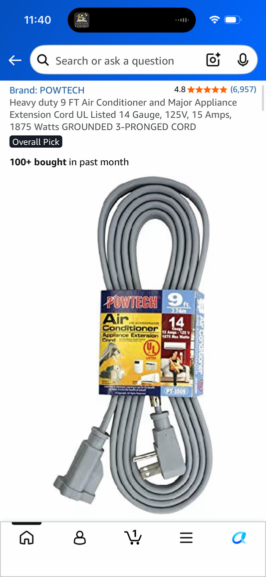 Heavy duty 9 FT Air Conditioner and Major Appliance Extension Cord UL Listed 14 Gauge, 125V, 15 Amps, 1875 Watts GROUNDED 3-PRONGED CORD