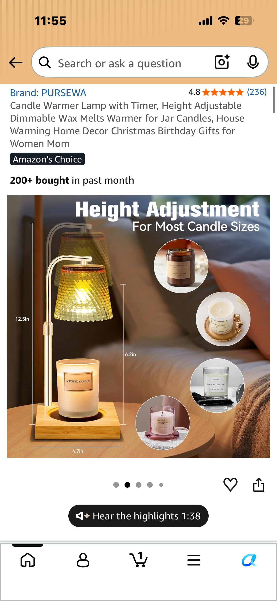 Candle Warmer Lamp with Timer, Height Adjustable, Dimmable Wax Melter Warmer for Jar Candles, House Warming, Home Decor