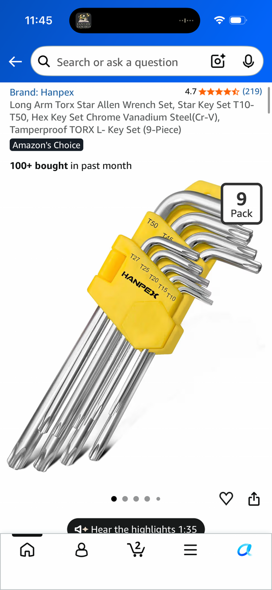 Long Arm Torx Star Allen Wrench Set, Star Key Set T10-T50, Hex Key Set Chrome Vanadium Steel(Cr-V), Tamperproof TORX L- Key Set (9-Piece)