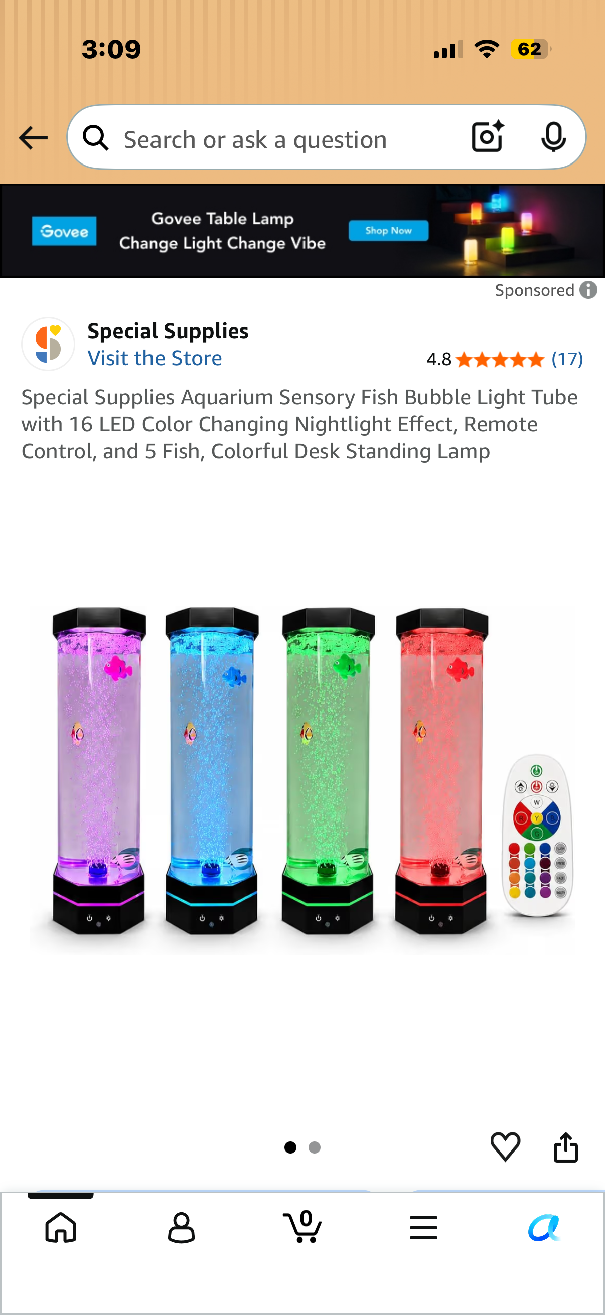 Special Supplies Aquarium Sensory Fish Bubble Light Tube with 16 LED Color Changing Nightlight Effect, Remote Control, and 5 Fish, Colorful Desk Standing Lamp